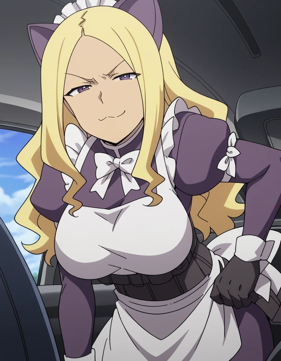 score_9, score_8_up, score_7_up, source_anime, <lora:wydine-uptown-s1-ponyxl-lora-nochekaiser:1>, wydine uptown, long hair, blonde hair, purple eyes, large breasts, anime screencap,, gloves, animal ears, cat ears, maid, maid headdress,, highway, cars, lanes, fast, long, , bent over, smug,, looking at viewer, solo,, dutch angle, cowboy shot