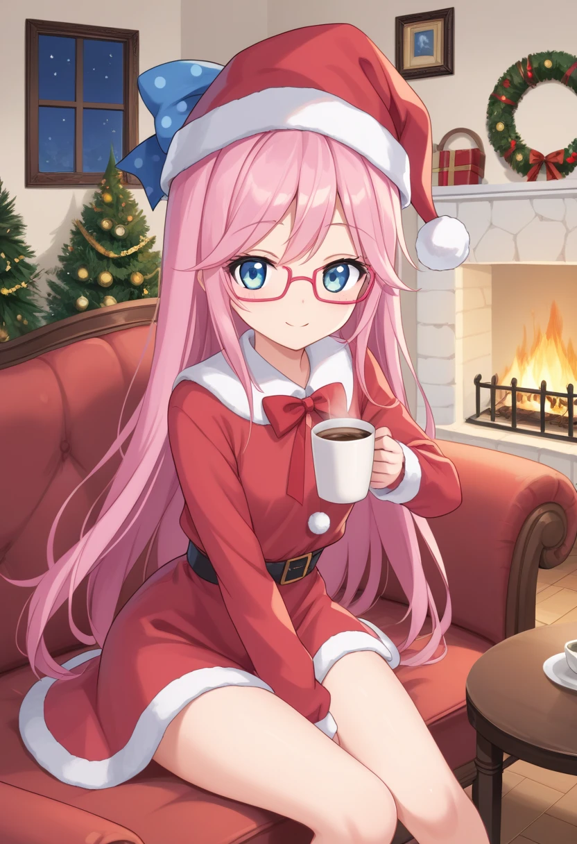 score_9, score_8_up, score_7_up, score_6_up, score_5_up, BREAK
humanluna, 1girl, solo, long hair, blue eyes, red-framed eyewear, polka dot bow, pink hair, livingroom, indoors, fireplace, santa dress, santa hat, smile, night time, holding coffee, sitting, couch