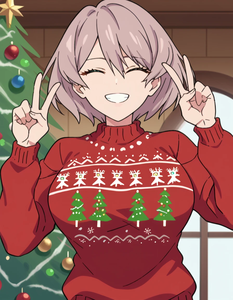 score_9, score_8_up, score_7_up, source_anime, <lora:mujina-s1-ponyxl-lora-nochekaiser:1>, mujina, short hair, bangs, blue eyes, large breasts, anime screencap,, <lora:christmas-sweater-ponyxl-lora-nochekaiser:1>, christmas sweater, christmas, ugly sweater, print sweater, red sweater, christmas tree, christmas ornaments, sweater, multicolored sweater, , v, smile, hands up, teeth, closed eyes, cowboy shot,, , dutch angle, cowboy shot