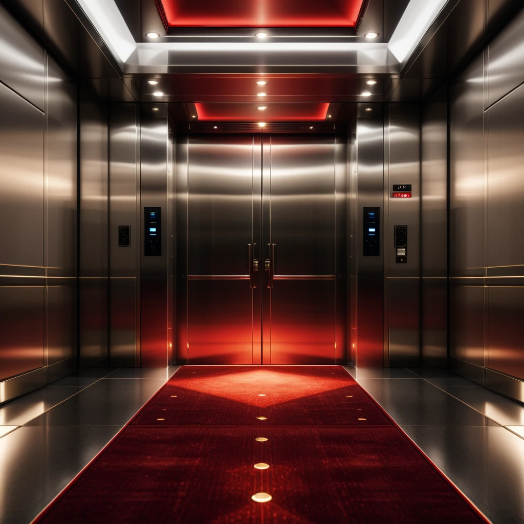 (Simple elevator interior:1.2), Symmetrical composition, Red carpet flooring, (Floor indicator above doors:1.3), Metallic control panel, Polished steel walls, Subtle reflections, (Soft dim lighting:1.2), Shadowed corners, Minimalist details, Subdued ambiance.
<lora:SDXLFaeTastic2400:0.4> <lora:extremely_detailed:0.4> extremely detailed, Masterpiece,best quality,hi res,8k,hi res,8k,award winning,(sharp focus, intricate, highly detailed),