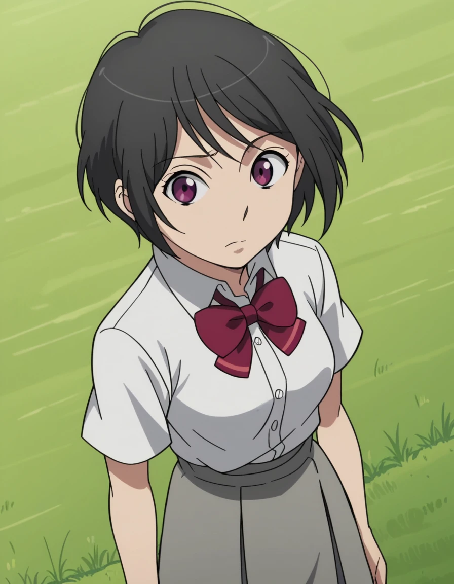 score_9, score_8_up, score_7_up, source_anime, <lora:inko-amifumi-s1-ponyxl-lora-nochekaiser:1>, inko amifumi, short hair, black hair, purple eyes, medium breasts, anime screencap,, skirt, shirt, bow, school uniform, white shirt, short sleeves, pleated skirt, bowtie, red bow, dress shirt, grey skirt, hill, grass, open, landscape, sky, , from above,, looking at viewer, solo,, dutch angle, cowboy shot