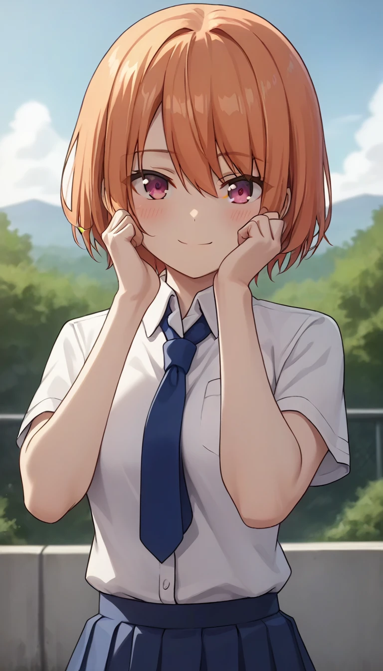 score_9,score_8_up,masterpiece,best quality,correct anatomy,anime_source,1girl,solo,perfect eyes,perfect arms,perfect legs,perfect face,outdoors,upper body,(portrait:1.5),looking at viewer,facing viewer,smile,blush,Medoki,short hair,orange hair,hair between eyes,bangs,pink eyes,school uniform,collared shirt,white shirt,blue necktie,short sleeves,medium breasts,miniskirt,blue skirt,pleated skirt,black pantyhose,loafers,<lora:Medoki(cl)-Pony:1.3>,