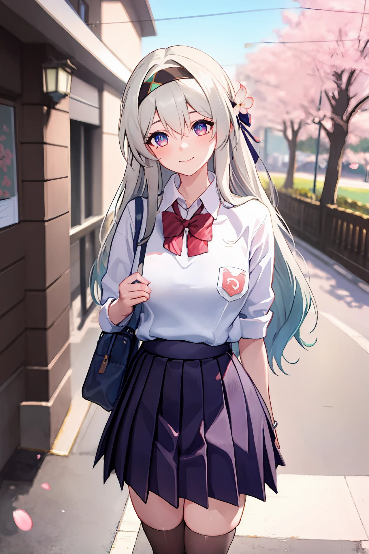 1girl, firefly \(honkai: star rail\), hairband, solo, school uniform, white shirt, sweater, pleated skirt, white thighhighs, light smile, looking at viewer, outdoors, street, cherry blossoms, petals, depth of field