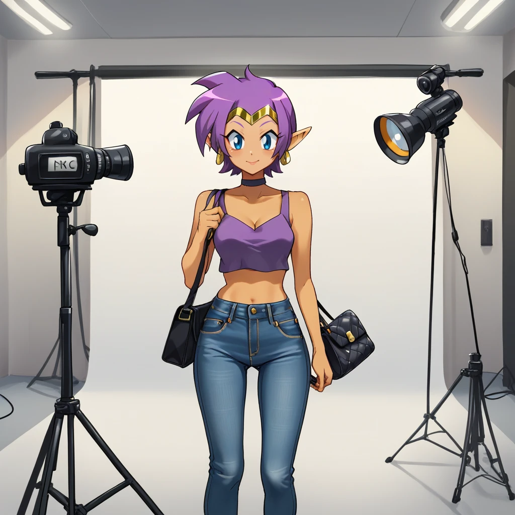 zPDXL2,score_9, score_8_up, score_7_up, score_6_up, score_5_up, score_4_up, source_anime,  <lora:Photo_Studio:0.7> stud1o, indoors, flood lights, camera tripod, backdrop, 1girl, solo, modelling, Shantae      casual clothes, jeans, crop top, purse, makeup