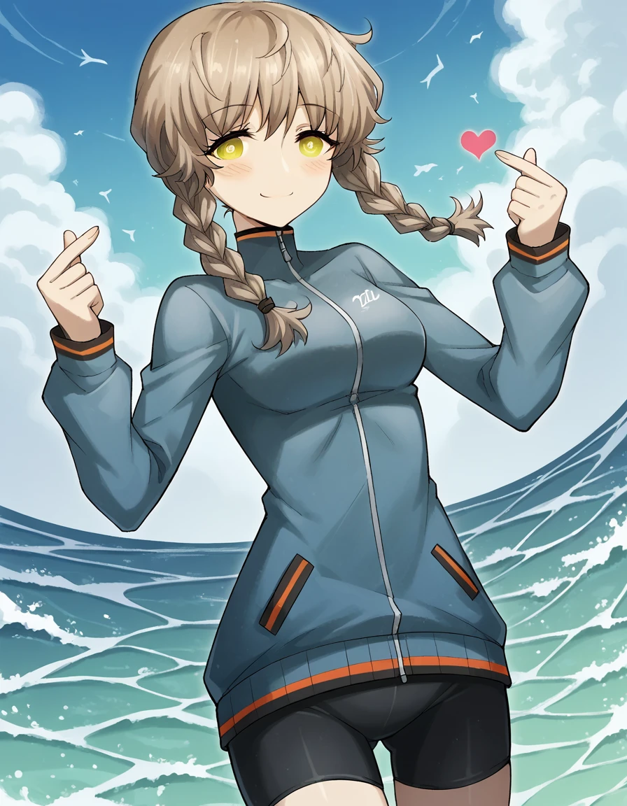 score_9, score_8_up, score_7_up, source_anime, <lora:suzuha-amane-ingame-ponyxl-lora-nochekaiser:1>, suzuha amane, bangs, brown hair, yellow eyes, braid, twin braids, medium breasts,, long sleeves, jacket, shorts, black shorts, blue jacket, bike shorts, track jacket,, ocean, waves, saltwater, fish, vast, , <lora:finger-heart-ponyxl-lora-nochekaiser:1>, finger heart, heart, blush, smile,, looking at viewer, solo,, dutch angle, cowboy shot