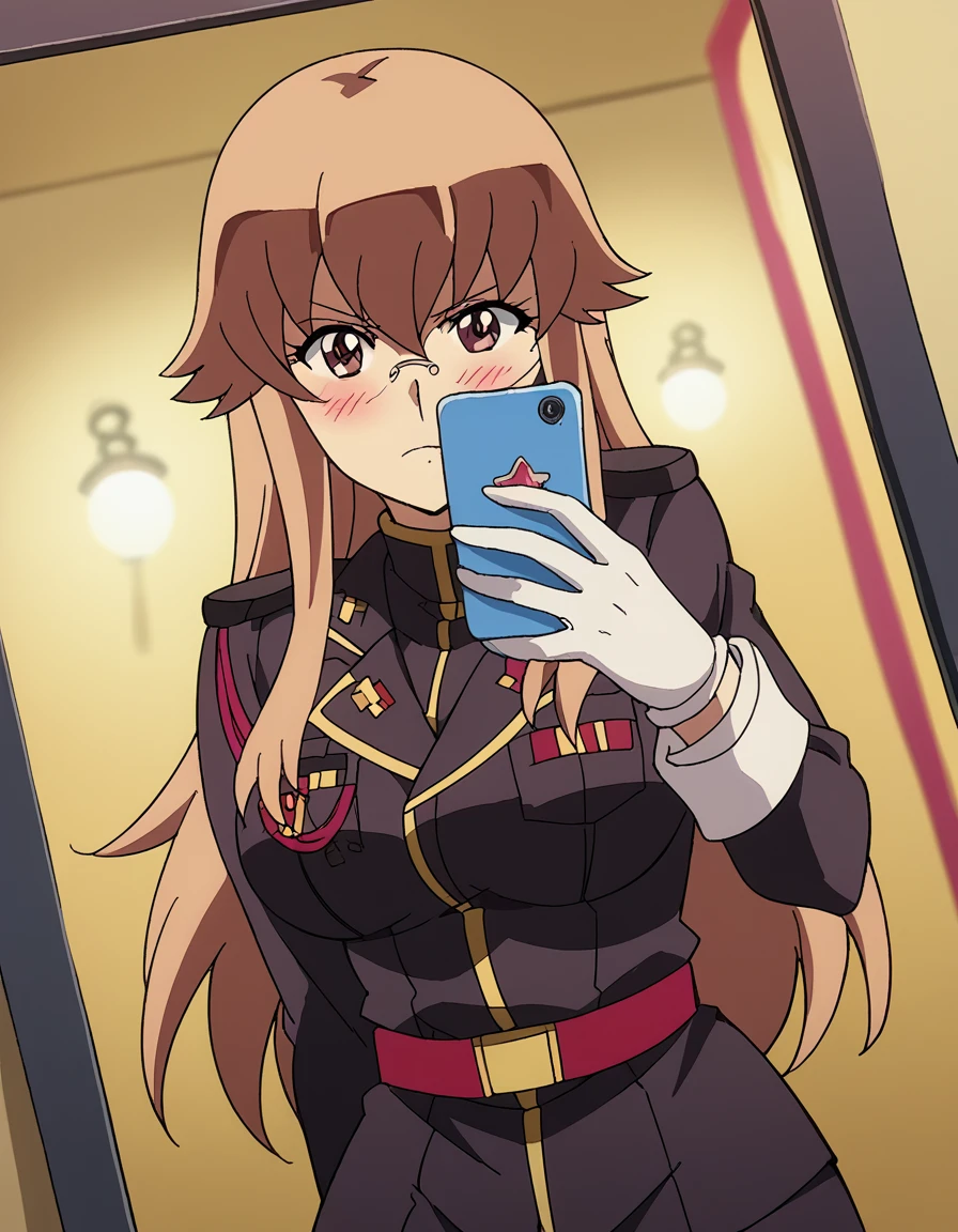 score_9, score_8_up, score_7_up, source_anime, <lora:charlotte-zoom-s1-ponyxl-lora-nochekaiser:1>, charlotte zoom, long hair, brown hair, brown eyes, glasses, sidelocks, large breasts, anime screencap,, gloves, uniform, military, military uniform, arcade, games, lights, fun, retro, , <lora:mirror-selfie-ponyxl-lora-nochekaiser:1> selfie, arm behind back, cellphone, covering own mouth, embarrassed, hand up, holding, holding phone, mirror, phone, reflection, smartphone, blush, cowboy shot, looking at viewer, solo,, dutch angle, cowboy shot