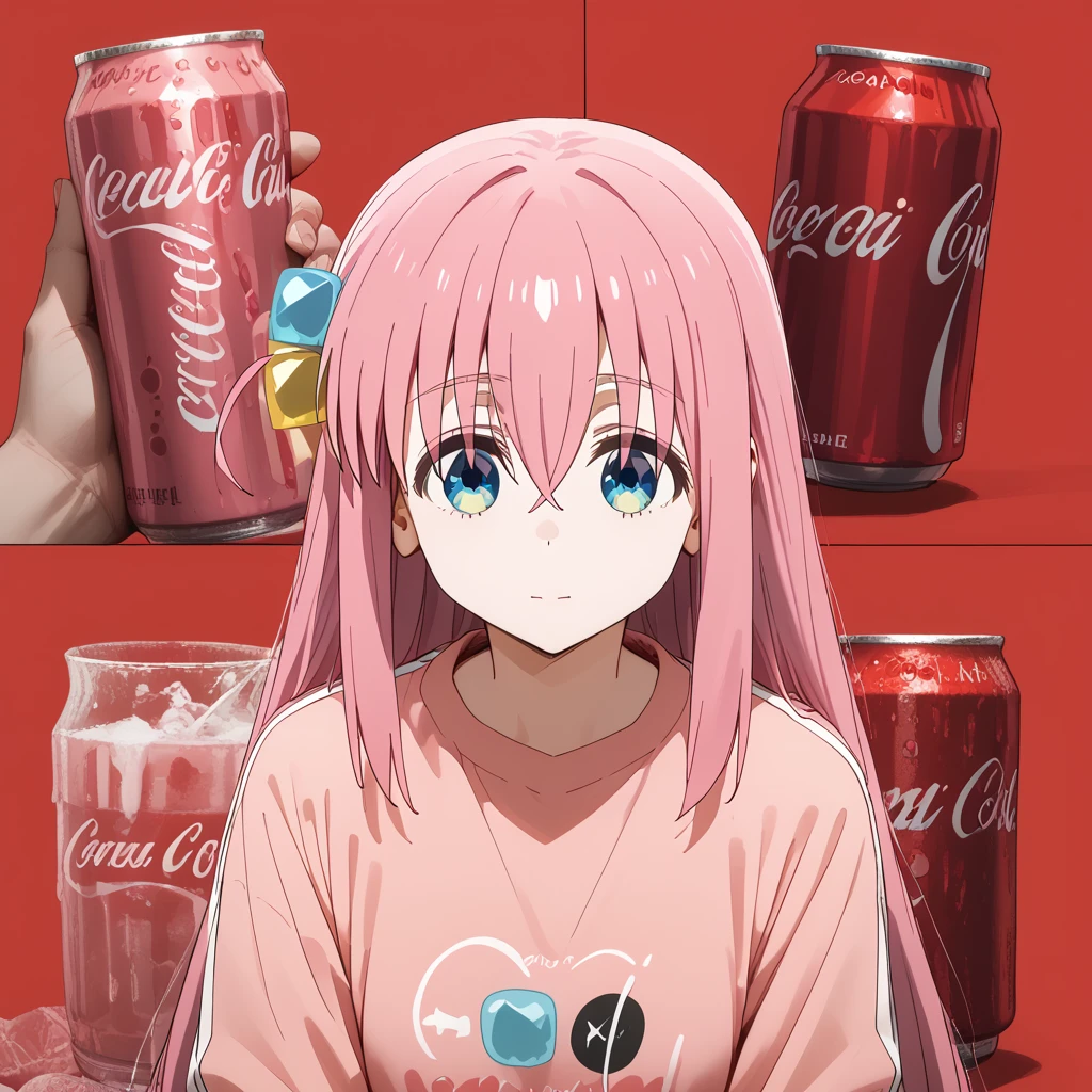 score_9, score_8_up, score_7_up, 1girl, solo, hitori gotou, blue eyes, cube hair ornament, hair between eyes, hair ornament, pink hair, one side up, long hair, food and drink background, jalebi trend, coca cola, red background, pink monster drink <lora:Food_and_drink_background_-_Jalebi_trend:0.95>  <lora:hitori-gotou-s1-ponyxl-lora-nochekaiser:1>