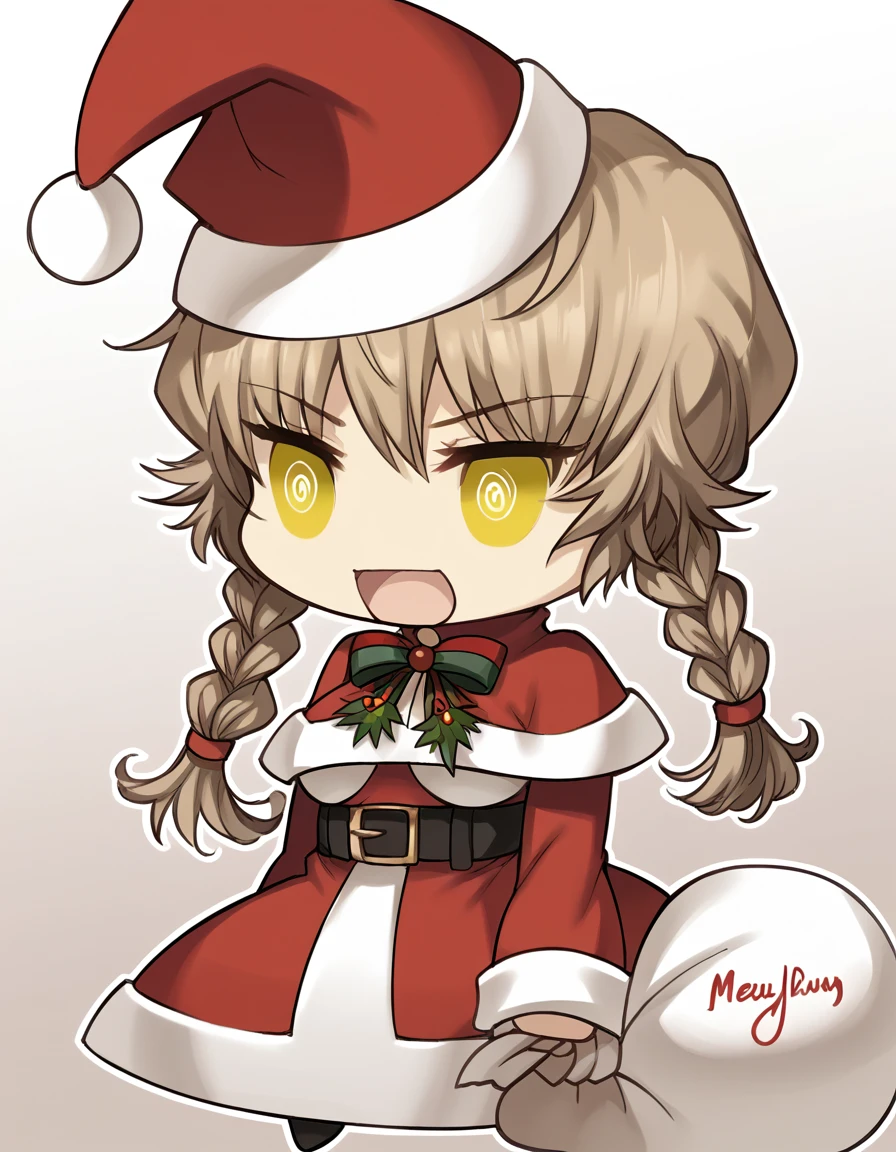 score_9, score_8_up, score_7_up, source_anime, <lora:suzuha-amane-ingame-ponyxl-lora-nochekaiser:1>, suzuha amane, bangs, brown hair, yellow eyes, braid, twin braids, medium breasts,, <lora:padoru-ponyxl-lora-nochekaiser:1>, padoru, padoru (meme), holding sack, sack, santa hat, meme, christmas, open mouth, chibi, red capelet, santa dress, capelet, fur-trimmed headwear,, , dutch angle, cowboy shot