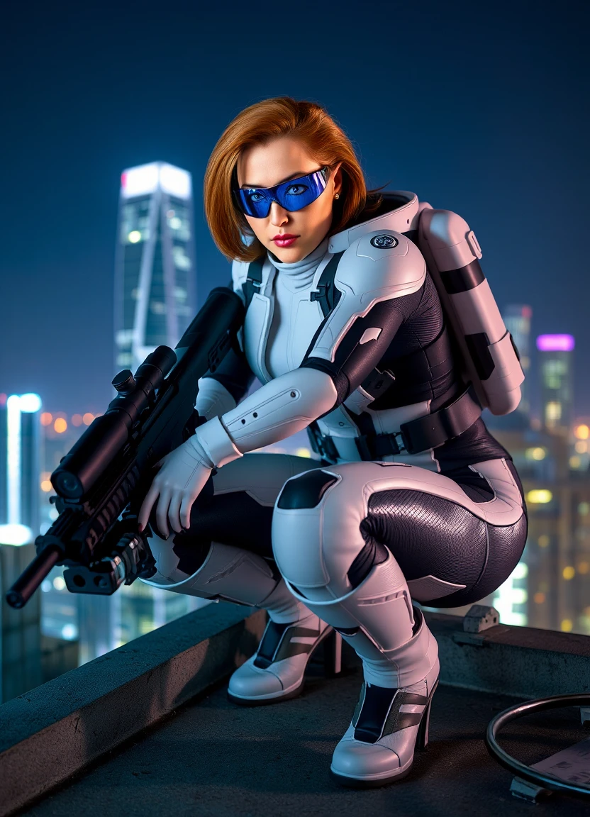 A fearless female agentscully in a sleek, futuristic tactical suit, crouching on a rooftop at night with a high-tech sniper rifle, the glowing city skyline reflecting in her visor.