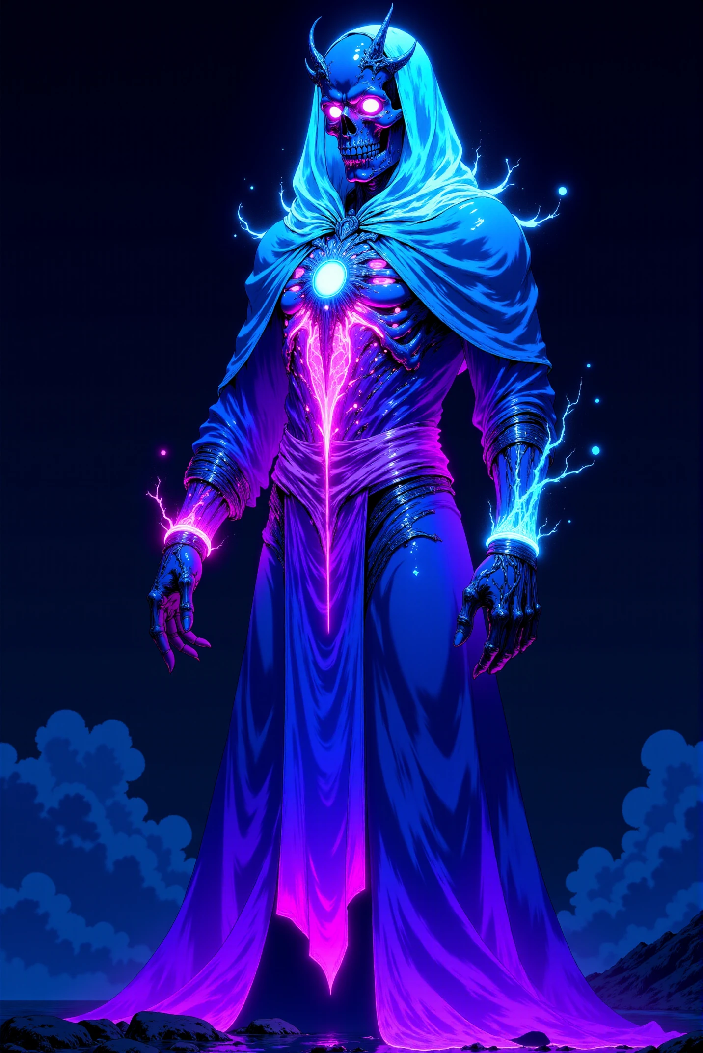 A spectral and eerie figure dominates the image, shrouded in a glowing aura of luminous gradient of hues. This skeletal sorcerer exudes an otherworldly presence, The robes appears to glow brightly in luminous shades including bright electric-blue at the top part, blue in the middle part and blue at the bottom part. The armor beneath the decayed fabric glimmers with a metallic sheen, its surface adorned with intricate patterns of arcane design. The centerpiece is a glowing vibrantly amulet embedded in the chest, radiating a bright, energy that pulses outward, casting shifting light across the surrounding darkness. The skull of the figure is crowned with a jagged, ceremonial headpiece that appears ancient, its sharp edges illuminated by a spectral glow. The empty eye sockets blaze with an intense, piercing light, as if harboring the icy flames of undeath. Strands of neon-like glowing energy coil around its bony hands, hinting at the destructive magic it commands. Each bone is finely detailed, with cracks and engravings suggesting the weight of time and dark enchantments. (The skeleton appears to glow brightly in luminous shades including bright electric-blue at the top part, pink in the middle part and flashy purple at the bottom part, against darkness of environment:1.3). The background is a dark abyss of frosty winds and glowing particles, rendered in deep, celestial blues that evoke a void-like expanse. Wisps of luminous light and frozen mist flow around the figure, amplifying its ghostly presence. The texture of the image is richly layered, blending sharp, defined edges on the armor and skull with painterly strokes in the robes and mist, giving it a surreal, dreamlike quality. The glowing effects, reminiscent of magical frost and shimmering stars, elevate the figure to one of spectral majesty and dread.  <lora:DGLO_style_v.6:0.9>