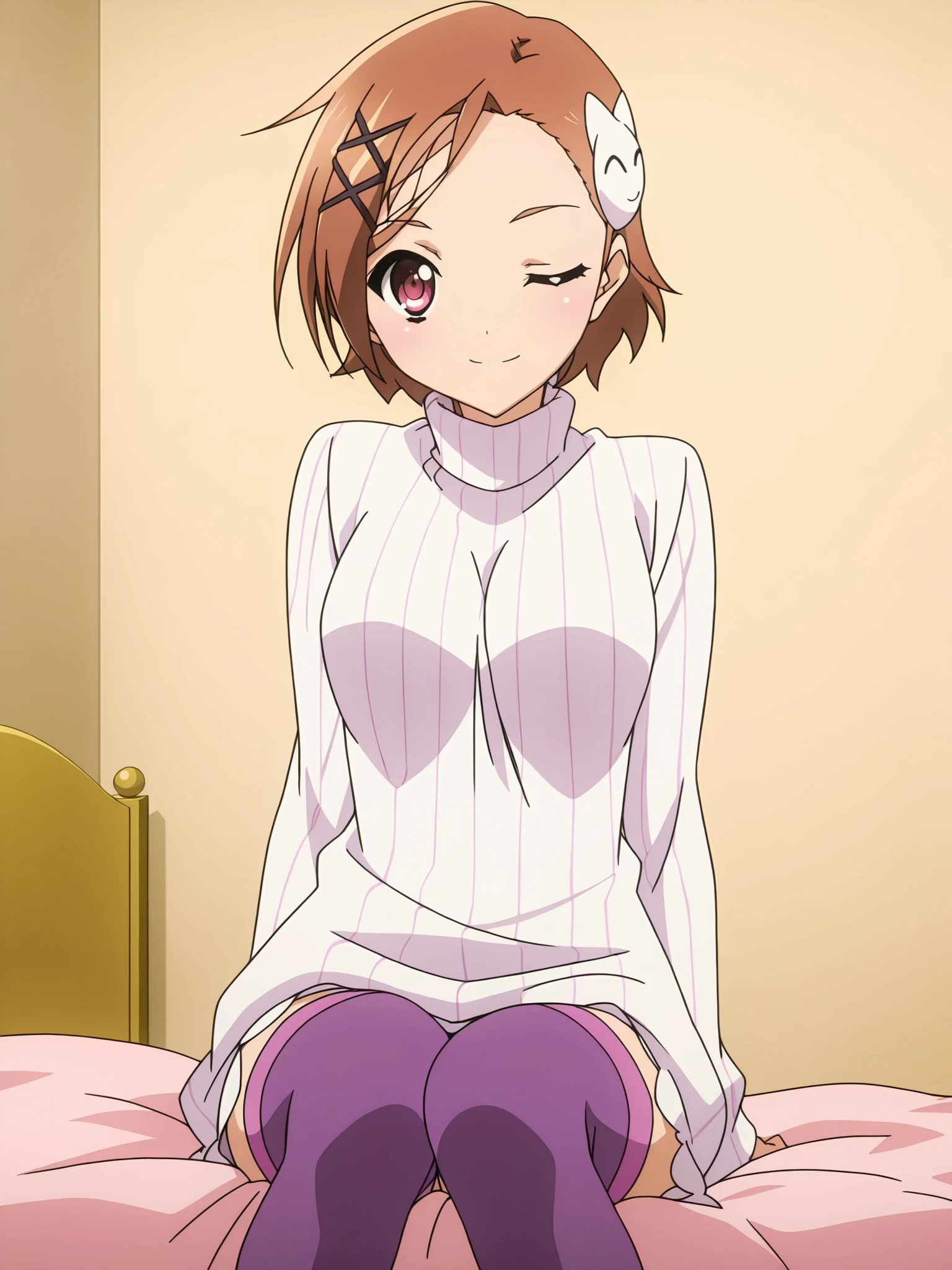 anime screencap, anime coloring, masterpiece, detailed face,
in a girl's bedroom, sitting on a bed,
 <lora:Chiyuri_Kurashima_Accel_World_-_Illustrious:.8>1girl, solo, Kurashima Chiyuri, Brown hair, short hair, medium breasts, Turtleneck, hairclip, X hair ornament, purple thighhighs, looking at the viewer, one eye closed, winking at viewer, cute smile,