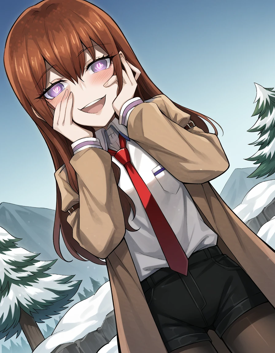 score_9, score_8_up, score_7_up, source_anime, <lora:kurisu-makise-ingame-ponyxl-lora-nochekaiser:1>, kurisu makise, hair between eyes, hair over shoulder, long hair, purple eyes, red hair, straight hair, mature female, small breasts,, black pantyhose, black shorts, brown coat, coat, collared shirt, long sleeves, necktie, pantyhose, pantyhose under shorts, shirt, short shorts, shorts, sleeves past wrists, white shirt, wing collar,, mountain, rock, height, snow, trees, smile, <lora:yandere-trance-ponyxl-lora-nochekaiser:1>, yandere trance, yandere, hands on own cheeks, hands on own face, crazy eyes, crazy smile, crazy, heart-shaped pupils, glowing eyes, symbol-shaped pupils, hand on own face, open mouth, glowing, blush, looking at viewer,, looking at viewer, solo,, dutch angle, cowboy shot