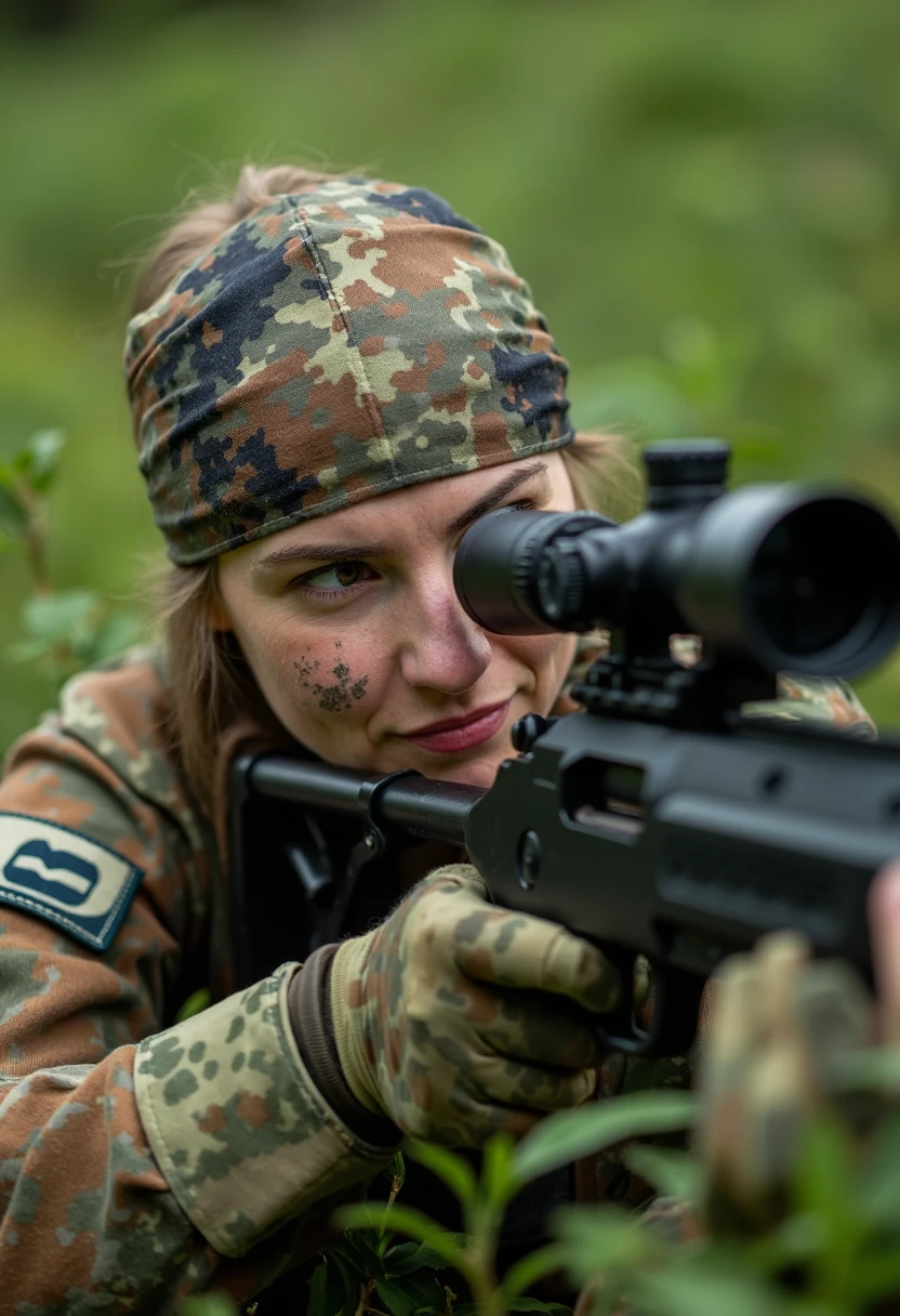 Photo of a female sniper, lying among the bushes in a forest, preparing to shoot her sniper rifle. She is wearing camouflage fatigues, a camouflage bandana head covering, camouflage gloves, and dirt on her face   <lora:flecktarn_flux_lora:1>