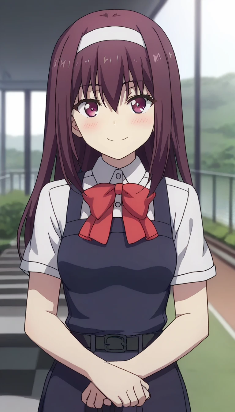 score_9,score_8_up,masterpiece,best quality,correct anatomy,anime_source,1girl,solo,perfect eyes,perfect arms,perfect legs,perfect face,outdoors,upper body,(portrait:1.5),looking at viewer,facing viewer,smile,blush,Konishi,long hair,purple hair,white hairband,sidelocks,hair between eyes,bangs,purple eyes,school uniform,red bowtie,pinafore dress,purple dress,collared shirt,white shirt,short sleeves,medium breasts,black socks,uwabaki,white footwear,<lora:Konishi(cl)-Pony:1.4>,