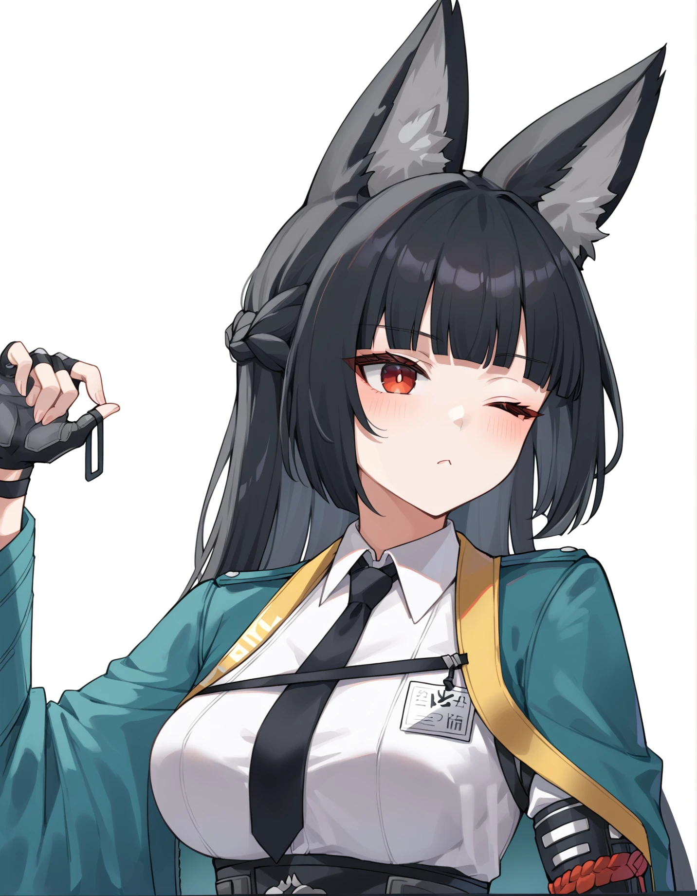 score_9, score_8_up, score_7_up, Miyabi, 1girl, solo, long hair, breasts, blush, bangs, large breasts, simple background, shirt, black hair, red eyes, gloves, white background, animal ears, jacket, white shirt, upper body, braid, one eye closed, necktie, black gloves, collared shirt, blunt bangs, fingerless gloves, animal ear fluff, fox ears, black necktie