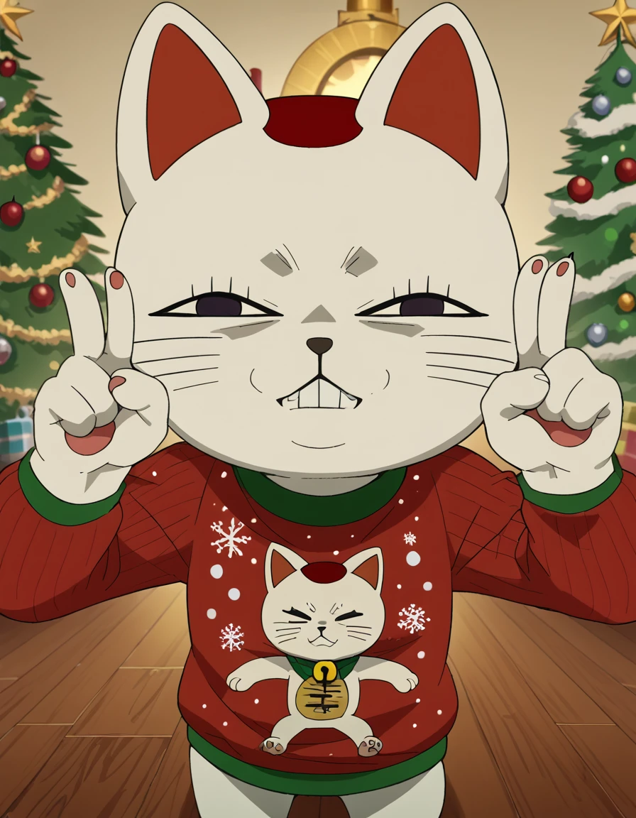 score_9, score_8_up, score_7_up, source_anime, <lora:turbo-granny-s1-ponyxl-lora-nochekaiser:1>, turbo granny, animal ears, cat ears, black eyes, no humans, cat, furry, animal focus, white fur, whiskers, maneki-neko, anime screencap,, <lora:christmas-sweater-ponyxl-lora-nochekaiser:1>, christmas sweater, christmas, ugly sweater, print sweater, red sweater, christmas tree, christmas ornaments, sweater, multicolored sweater, , v, smile, hands up, teeth, closed eyes, cowboy shot,, , dutch angle, cowboy shot