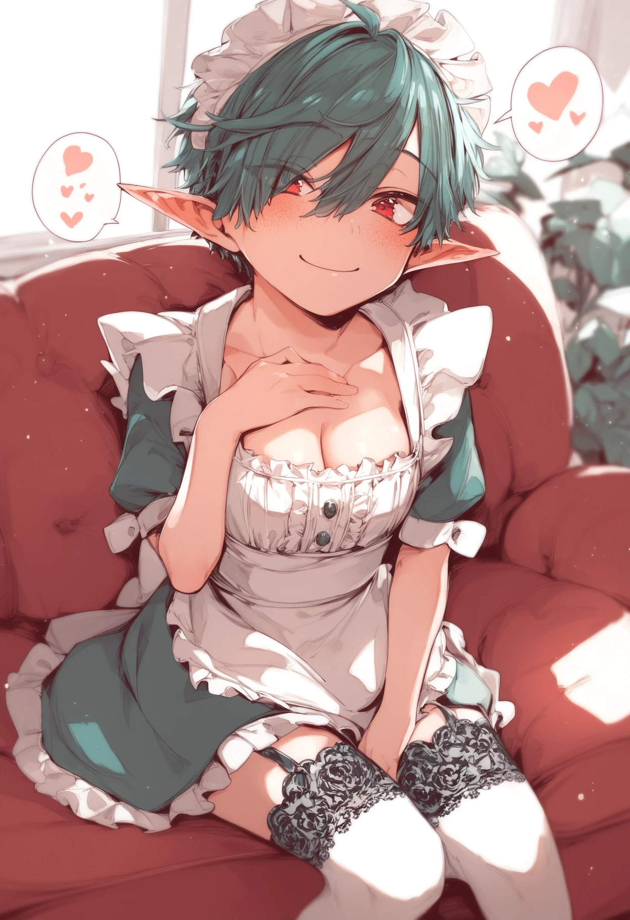 score_9, score_8_up, score_7_up,
1girl, green hair, pointed ears, short hair, red eyes, breasts, tomboy face, freckles,
maid headdress, maid, heart, cleavage, spoken heart, looking at viewer, smile, frills, blush, sitting, short sleeves, bangs, alternate costume, apron, stockings,
living room, hand on chest,
 <lora:carradinestyle:1>, carradinestyle,