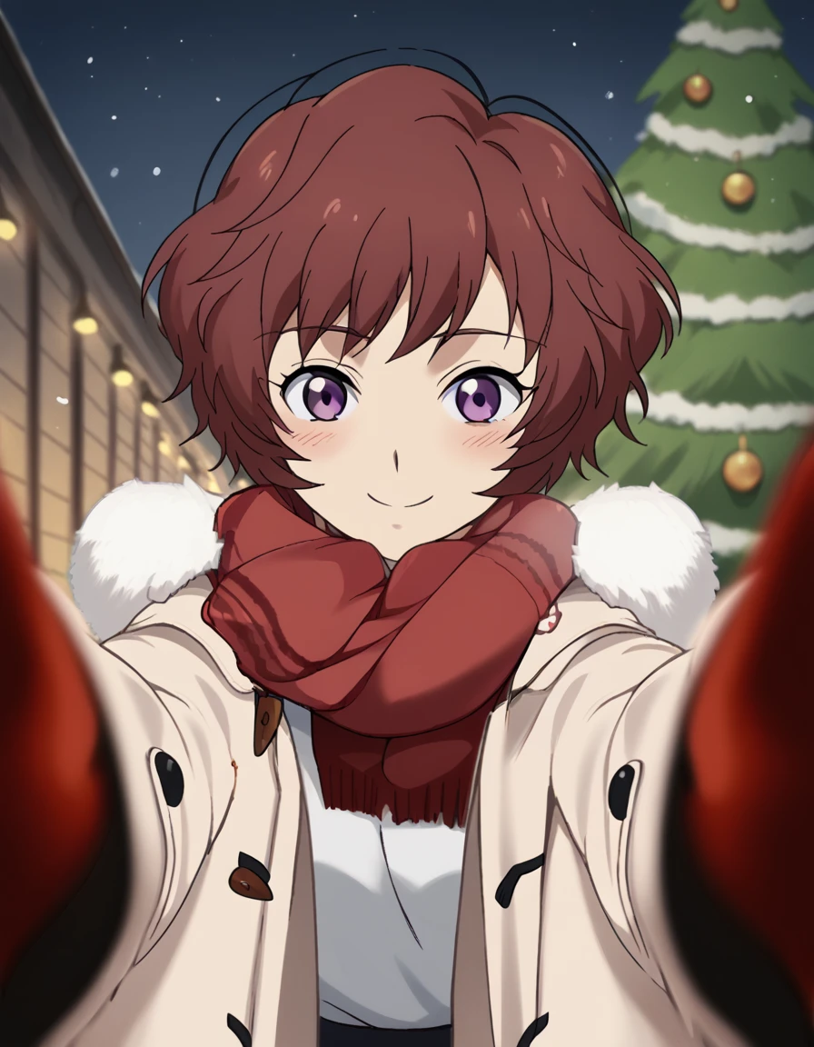 score_9, score_8_up, score_7_up, source_anime, <lora:rayet-areash-s1-ponyxl-lora-nochekaiser:1>, rayet areash, short hair, brown hair, purple eyes, red hair, medium breasts, anime screencap,, <lora:pov-cheek-warming-ponyxl-lora-nochekaiser:1>, pov cheek warming, pov cheek warming (meme), winter gloves, duffel coat, fur-trimmed scarf, winter clothes, red mittens, meme, winter coat, red scarf, fur-trimmed coat, reaching towards viewer, reaching, mittens, fur-trimmed hood, white coat, open coat, scarf, coat, red gloves, snowing, pov, fur trim, depth of field, smile, blush,, christmas, christmas tree, christmas lights,, , dutch angle, cowboy shot