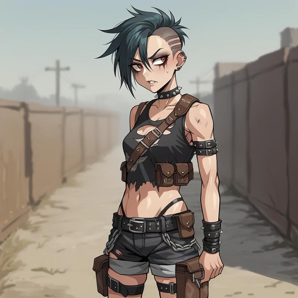 score_9, score_8_up, score_7_up, score_6_up, score_5_up, score_4_up, zPDXL2,source_anime,rating_questionable, 1girl, outdoors,  <lora:Wastelander:0.7> w4stel4nd3r, shorts, belts, pouches,  crop top, pauldrons, punk torn clothes, spikes