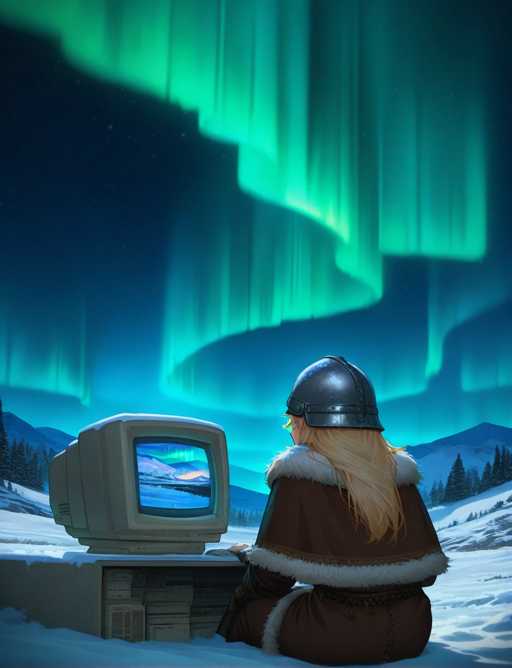 masterpiece,best quality,higres illustration,<lora:retro_pc_IL:1>,computer,1girl,solo,sitting,upper body,snow,fur trim,viking,helmet,blonde hair,from behind,night,aurora,