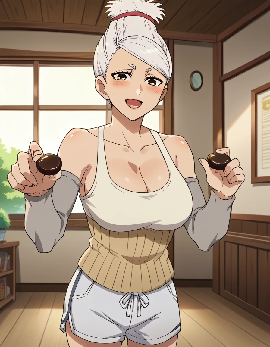 score_9, score_8_up, score_7_up, source_anime, <lora:saeko-ayase-s1-ponyxl-lora-nochekaiser:1>, saeko ayase, long hair, large breasts, white hair, brown eyes, anime screencap,, cleavage, detached sleeves, shorts, tank top,, house, home, family, rooms, yard, smile, <lora:incoming-chocolate-ponyxl-lora-nochekaiser:1> incoming food, chocolate, holding, holding chocolate, holding food, food, looking at viewer, open mouth, blush, smile, school uniform,, looking at viewer, solo,, dutch angle, cowboy shot