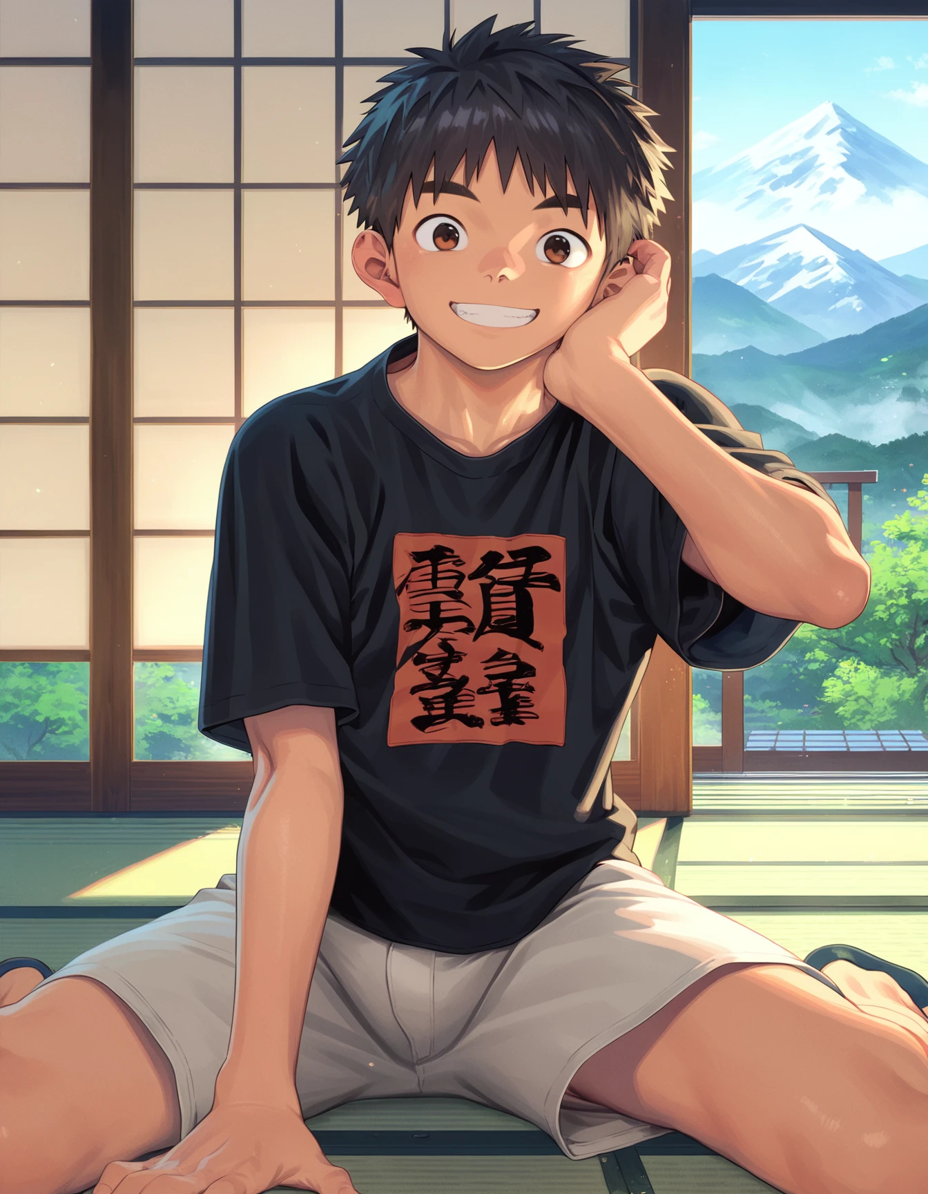 score_9, score_8_up, score_7_up, score_6_up, source_anime, 2020s, indoors, tatami, scenery, mountain, 1boy, brown eyes, black hair, solo, looking at viewer, smile, t-shirt, shorts, sitting, on floor, leaning forward, arm support <lora:shounen_zoom-amxl-v7Pe-ShoAI:1>