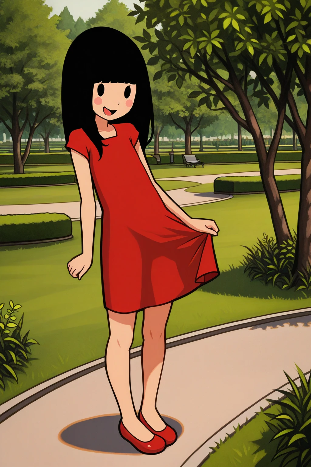 masterpiece, best quality, amazing quality, absurdres, solo, rhythmfevergirl, smile, standing, looking at viewer, open mouth, black hair, red dress, dot eyes, blush stickers, red shoes, outdoors, park, trees, grass