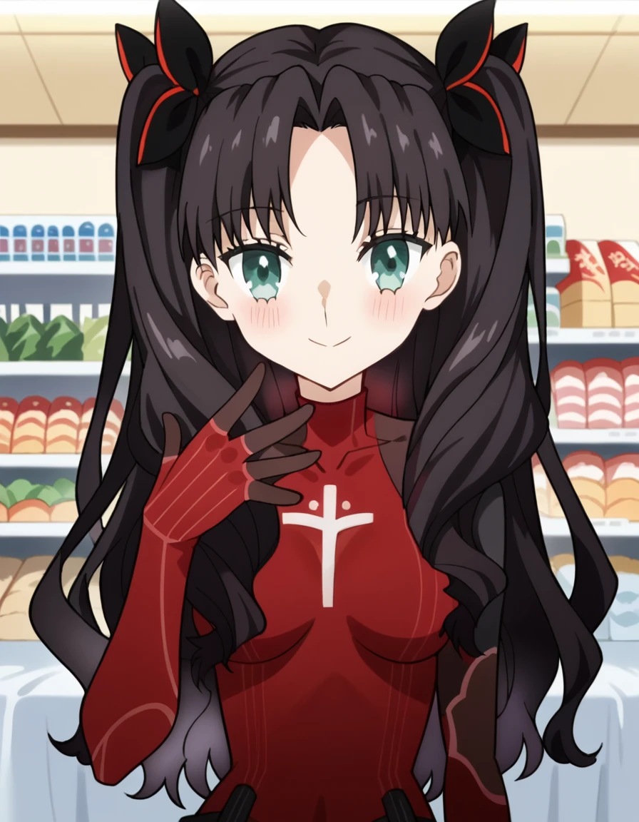 score_9, score_8_up, score_7_up, source_anime, <lora:rin-tohsaka-extra-s1-ponyxl-lora-nochekaiser:1>, rin tohsaka, long hair, bangs, black hair, ribbon, very long hair, green eyes, hair ribbon, hair bow, two side up, medium breasts, parted bangs, anime screencap,, bodysuit, red bodysuit, multicolored bodysuit,, supermarket, aisles, shopping, food, shelves, , <lora:sidetail-miku-noodle-stopper-ponyxl-lora-nochekaiser:1> sidetail miku noodle stopper, sidetail miku noodle stopper (meme), meme, side ponytail, hand up, blush, smile, bed room,, cowboy shot, looking at viewer,, looking at viewer, solo,, dutch angle, cowboy shot