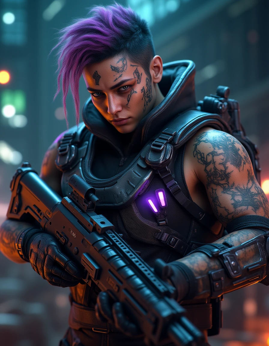 <lora:cyberpunk_512_dev_f1_k:1> a cyber punk scene from a movie, gun man, tattoo, fight