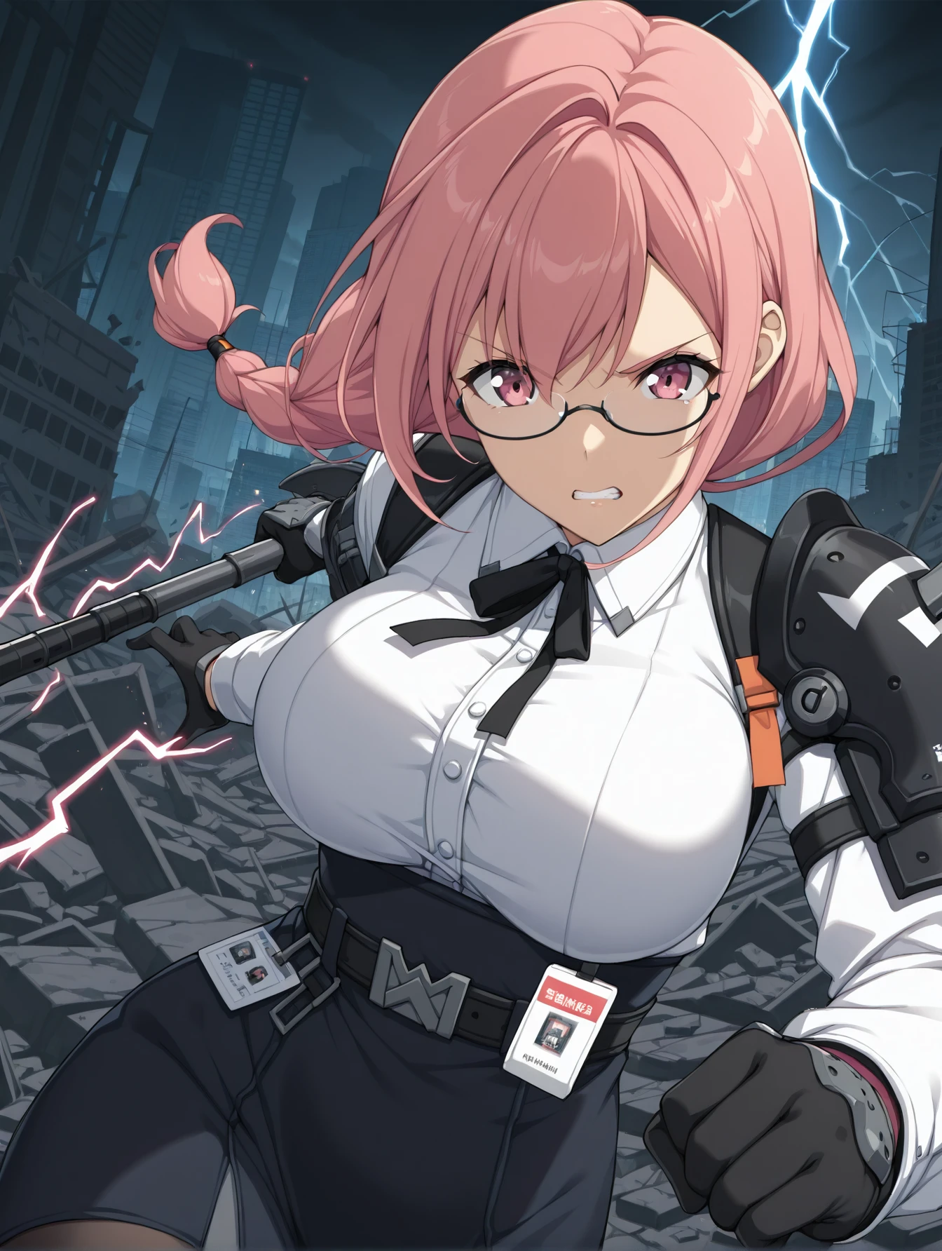 <lora:yanagi-miyabi-zzz-illustrious:1> yanagi, pink eyes, pink hair, semi-rimless eyewear, dress shirt, collared shirt, black neck ribbon, shoulder armor, underbust, belt, black gloves, id card, high-waist skirt
1girl, solo, swinging weapon, attack, electricity, clenched teeth, serious, city, rubble, lightning, cinematic lighting, masterpiece, best quality