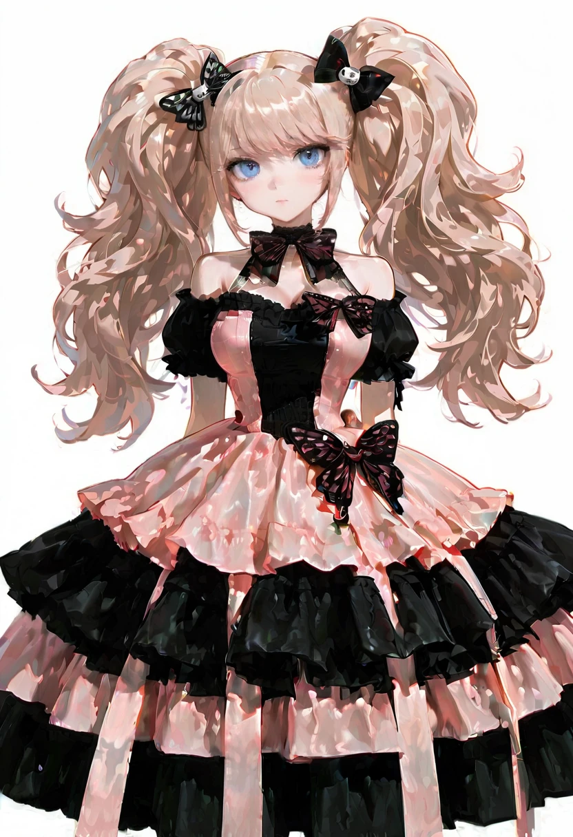 butterfly bow dress, pink dress, black dress, frills, ribbon, 1girl,solo, enoshima_junko