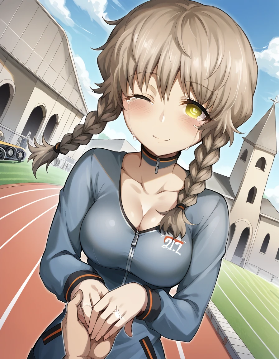 score_9, score_8_up, score_7_up, source_anime, <lora:suzuha-amane-ingame-ponyxl-lora-nochekaiser:1>, suzuha amane, bangs, brown hair, yellow eyes, braid, twin braids, medium breasts,, long sleeves, jacket, shorts, black shorts, blue jacket, bike shorts, track jacket,, roller coaster, tracks, speed, fun, thrill, , <lora:wedding-ring-ponyxl-lora-nochekaiser:1>, wedding ring, marriage proposal, pov, pov hands, hand grab, blush, wedding dress, white dress, veil, one eye closed, tears, church, smile, bare shoulders, collarbone, cleavage, dutch angle, looking at viewer, cowboy shot,, looking at viewer, solo,, dutch angle, cowboy shot