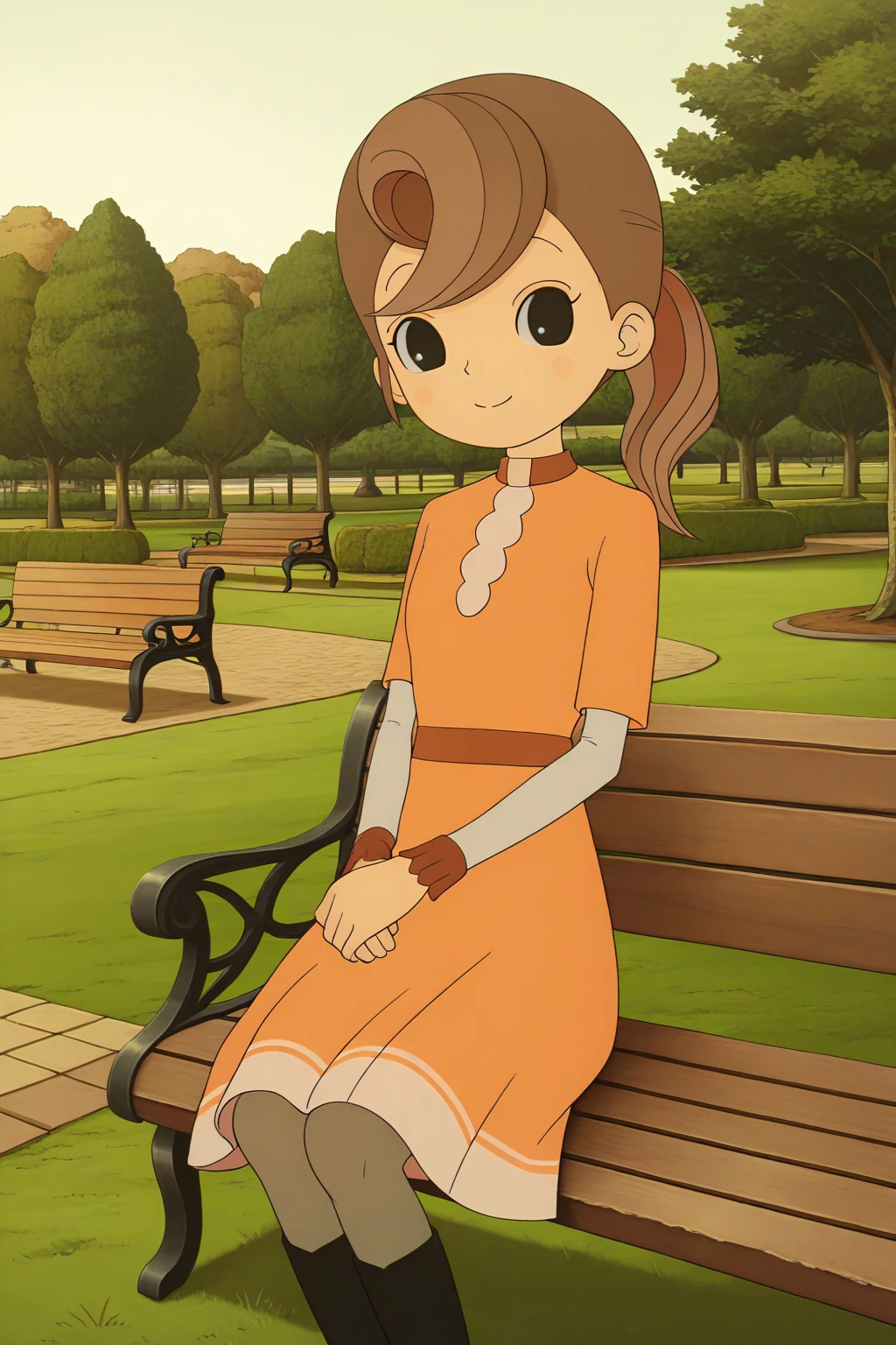 masterpiece, best quality, amazing quality, absurdres, solo, florareinhold, smile, closed mouth, own hands together, looking at viewer, brown hair, black eyes, orange dress, black knee boots, outdoors, park, grass, bench