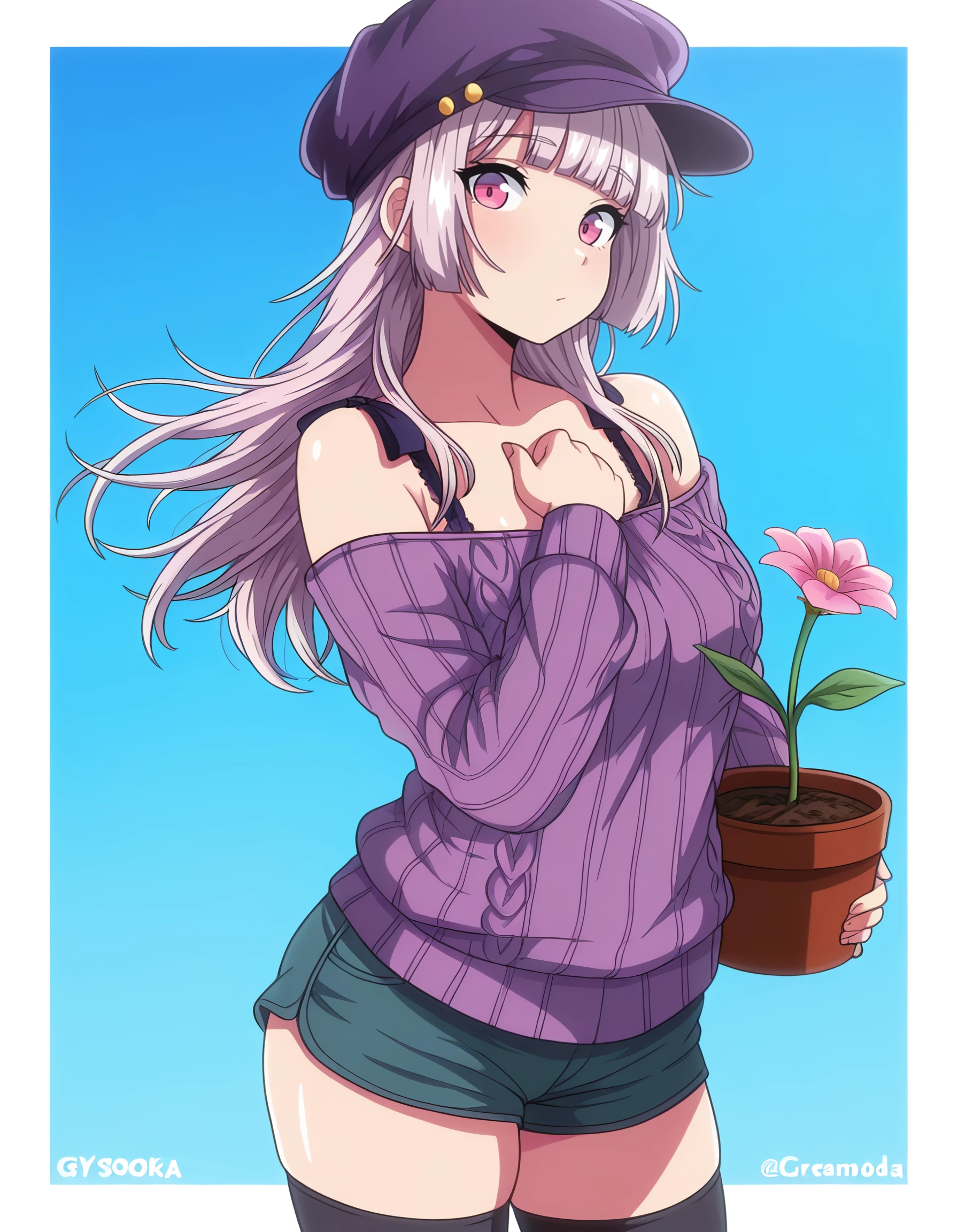 masterpiece, best quality, amazing quality, juri, long_hair, grey_hair, purple_eyes, pink_eyes, cabbie_hat, off-shoulder_sweater, bare_shoulders, long_sleeves, purple_sweater, bra_strap, shorts, black_thighhighs <lora:hatsukoi_jikan_-_juri_il:1>, by_creamsoda, flower, blue_background, looking_at_viewer, 1girl, solo, flower_pot, frills, blunt_bangs, holding, pink_flower, white_border, artist_name, holding_flower_pot, hand_on_own_chest, border, sky, upper_body