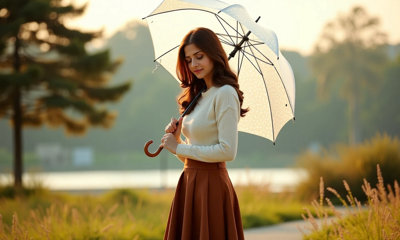 vedhikakuukohwx , stands outdoors in a park-like setting. She's holding a clear, polka-dot umbrella, and has a light cream-colored, knitted sweater and a brown, full-length skirt. Her expression is peaceful and thoughtful, her gaze softly downward.  Soft, golden sunlight bathes the scene, casting warm tones across the landscape. The park includes patches of greenery and wildflowers. The background features trees and a body of water in the distance, all softly blurred, creating a dreamy aesthetic.  The overall style is reminiscent of vintage photography or a soft portrait style, with a focus on warmth and gentle mood. The perspective is from a slightly elevated viewpoint, looking down at the subject who is centered. The lighting and atmosphere evoke a serene, slightly melancholic, late afternoon mood.  The colors are muted, with warm browns and beiges, and cream, accented by the clear umbrella and a hint of blue in the distance.  The texture of the clothing, and the light play off the umbrella, are noticeable details.  The subject's pose subtly communicates a sense of introspection, while the setting suggests a place of tranquility and gentle peacefulness.



