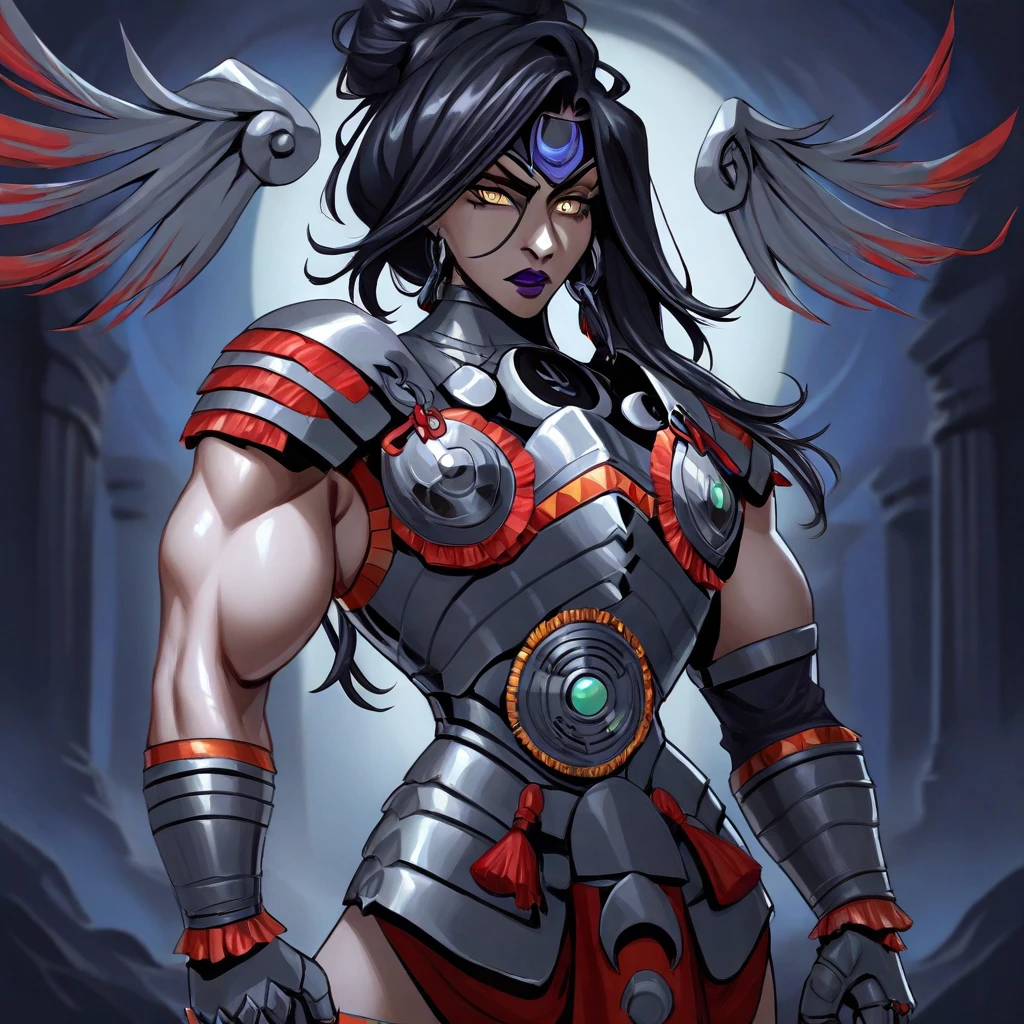 masterpiece, best quality, newest, absurdres, highres, 1girl, solo, nemesishades-IL.V1.0 lipstick, purple lipstick, yellow eyes, black hair, muscular female, floating wings armor, nemesis armor, floating wings