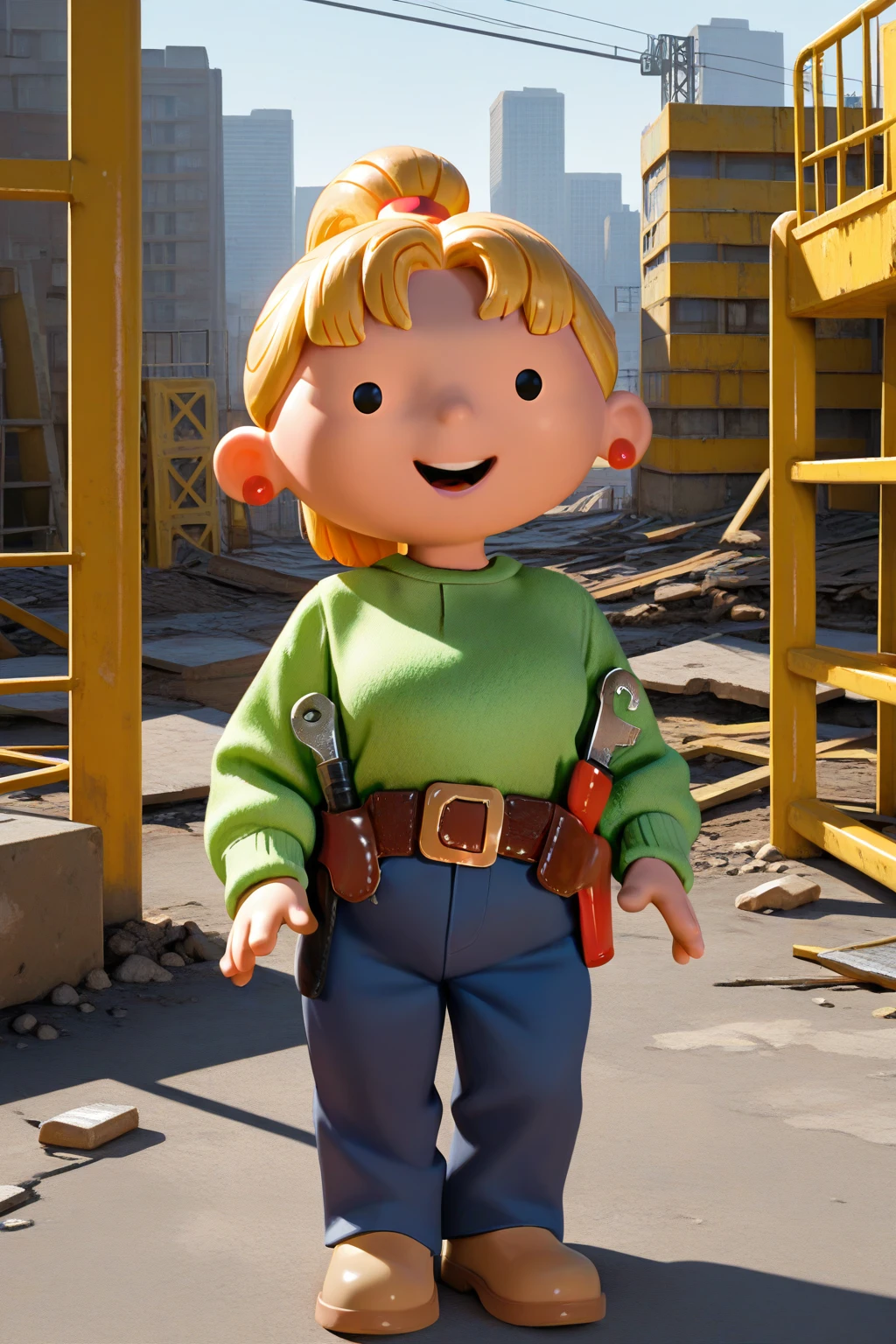 masterpiece, best quality, amazing quality, absurdres, solo, wendythebuilder, smile, open mouth, looking at viewer, dot eyes, blonde hair, ponytail, green sweater, blue pants, tool belt, tools, light brown shoes, outdoors, city, construction site, scaffolding