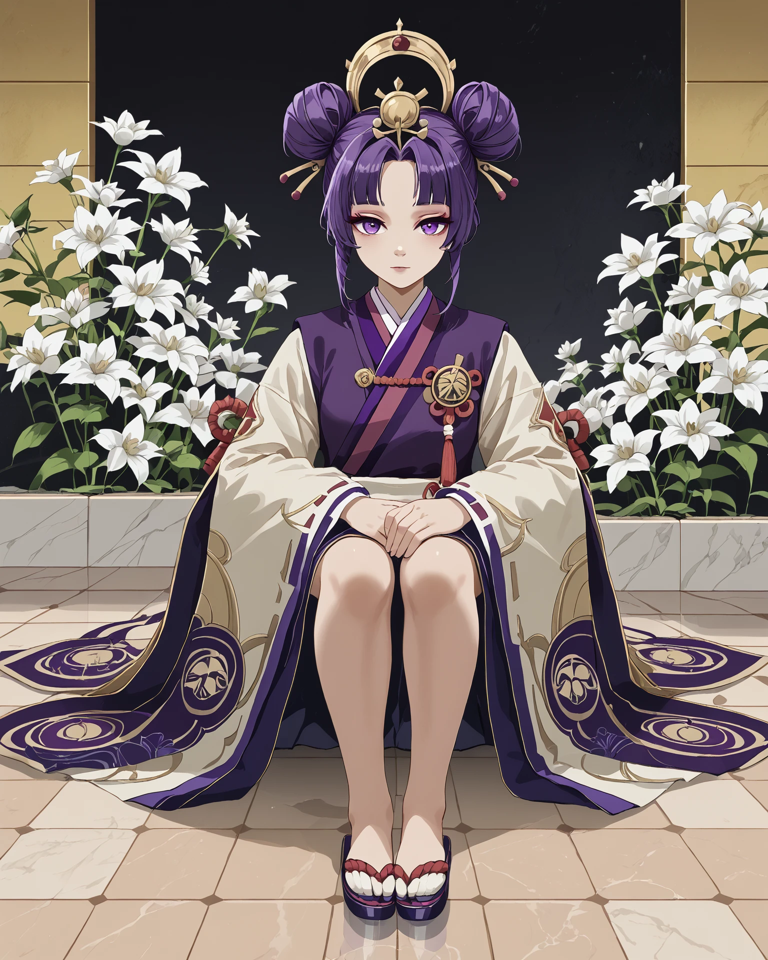 1girl, amateco, sitting, purple hair, hair buns, white flowers, tile floor, masterpiece, highest quality, absurdres, digital art, score_9, score_8_up, score_7_up, <lora:AmaterasuCore_XL-000011:1.1>