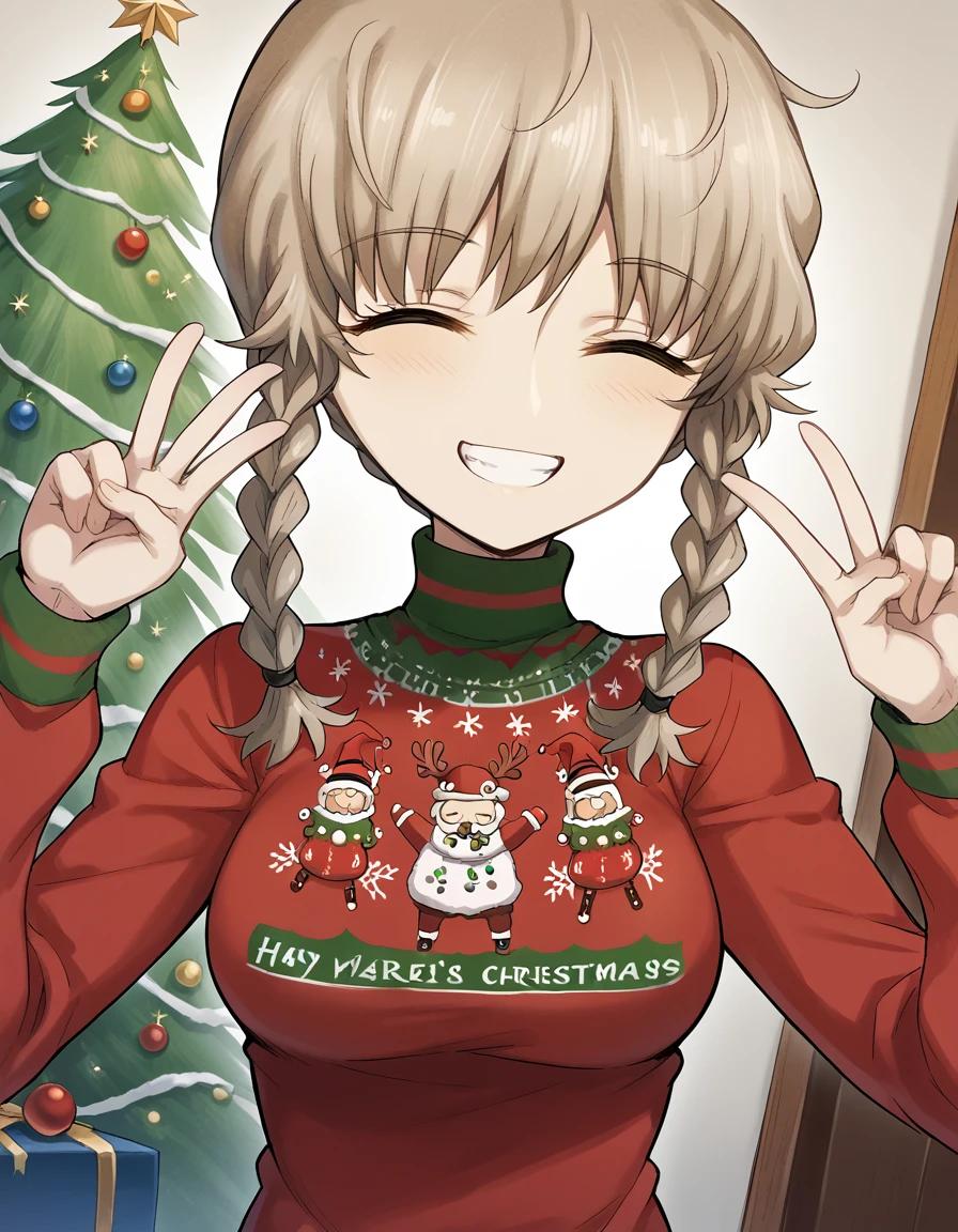 score_9, score_8_up, score_7_up, source_anime, <lora:suzuha-amane-ingame-ponyxl-lora-nochekaiser:1>, suzuha amane, bangs, brown hair, yellow eyes, braid, twin braids, medium breasts,, <lora:christmas-sweater-ponyxl-lora-nochekaiser:1>, christmas sweater, christmas, ugly sweater, print sweater, red sweater, christmas tree, christmas ornaments, sweater, multicolored sweater, , v, smile, hands up, teeth, closed eyes, cowboy shot,, , dutch angle, cowboy shot