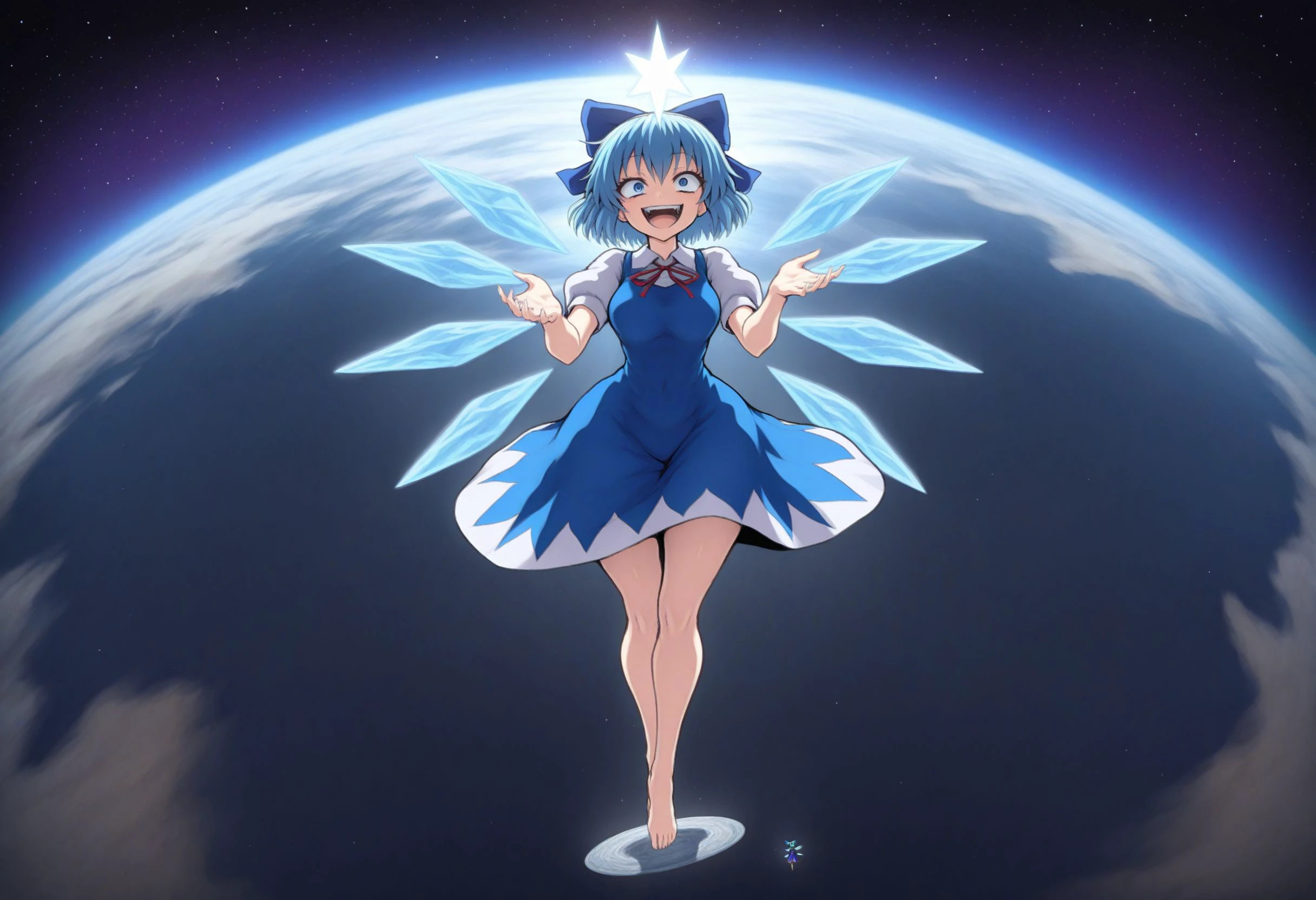 zPDXL3, score_9, score_8_up, 1girl, jadf, cirno, wide shot, flying, levitation, laughing, ice wings, light blue hair, blue eyes, gesugao, magic, crazy eyes,
medium breasts, wide hips, blue dress, neck ribbon, hair bow,
in orbit, earth \(planet\), space, star \(sky\), fisheye
<lora:IL_XL_-_Jadf_Stylee10:1>