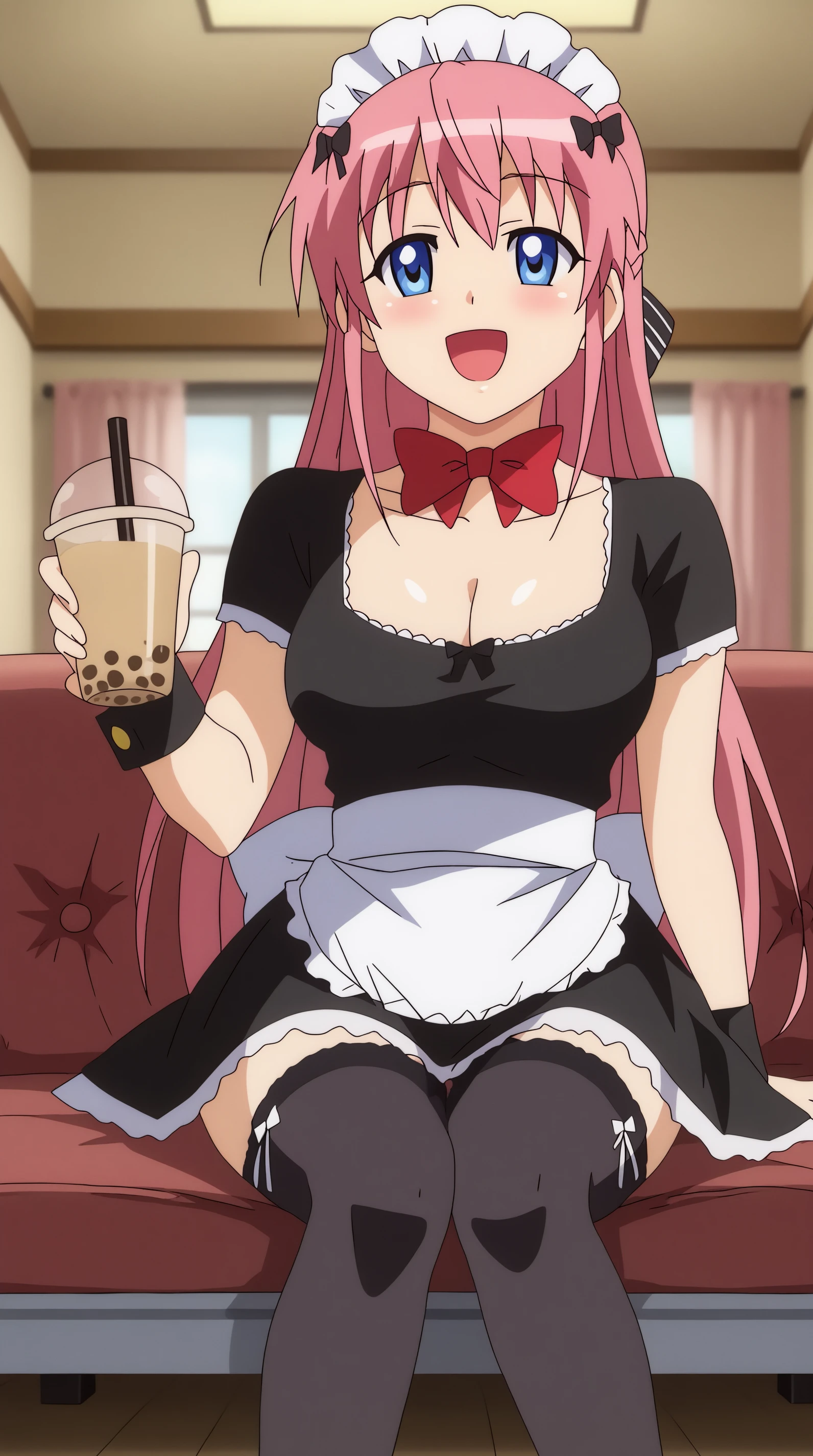 score_9, score_8_up, score_7_up,anime_source, source_anime, best background, detailed background, anime screencap, 4k, upscaled,  Akina Orifushi, thighhighs, bow, maid, zettai ryouiki, maid headdress, waitress, blush, happy, drinking, bubble tea, indoors, sitting,  <lora:JN_Akina_Orifushi_Pony:0.8>