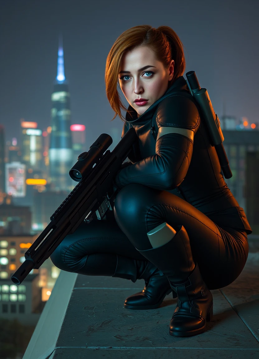 A fearless female agentscully in a sleek, futuristic tactical suit, crouching on a rooftop at night with a high-tech sniper rifle, the glowing city skyline reflecting in her visor.