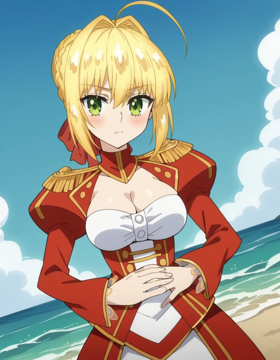 score_9, score_8_up, score_7_up, source_anime, <lora:nero-claudius-extra-s1-ponyxl-lora-nochekaiser:1>, nero claudius, ahoge, blonde hair, green eyes, hair between eyes, hair intakes, large breasts, anime screencap,, bow, braid, braided bun, buttons, cleavage, cleavage cutout, clothing cutout, dress, epaulettes, french braid, gold trim, hair bun, juliet sleeves, long sleeves, puffy sleeves, red bow, red dress, sidelocks, single hair bun,, beach, sand, waves, sun, ocean, , hands on stomach, blush,, looking at viewer, solo,, dutch angle, cowboy shot