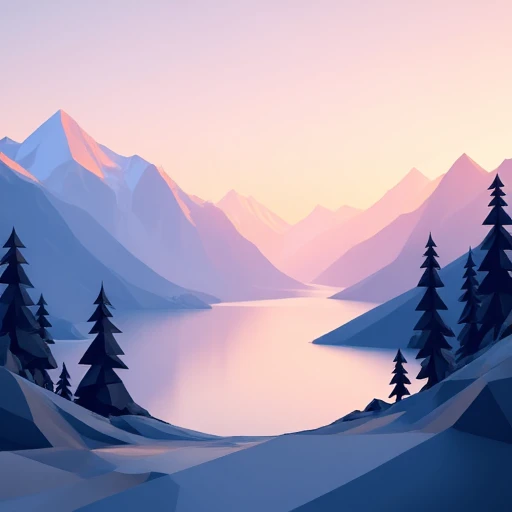 A serene low-poly mountain landscape at sunrise, featuring sharp, angular mountains, a tranquil lake reflecting the light, and low-poly pine trees scattered along the shore. Soft pastel hues of orange and blue dominate the scene, with smooth gradients and minimal shading