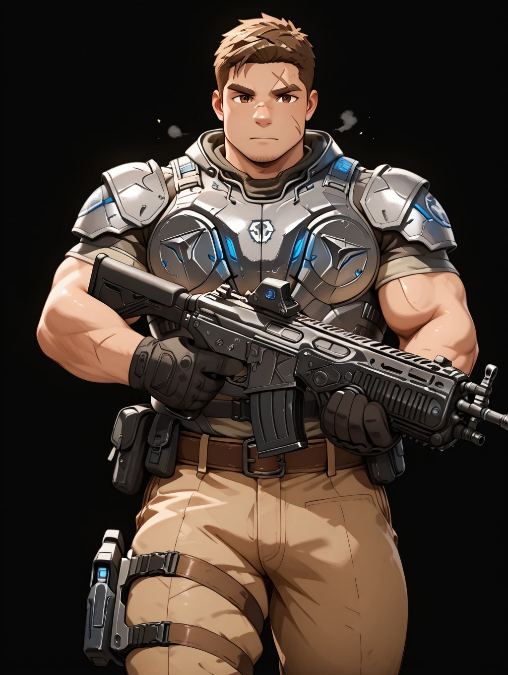 <lora:JD_Fenix_IL:0.95> jd_fenix, brown hair, short hair, scar, muscular, bara, chubby, grey armor, brown pants, black background, brown eyes, cowboy shot, gloves, holding assault rifle, assault rifle, trigger discipline