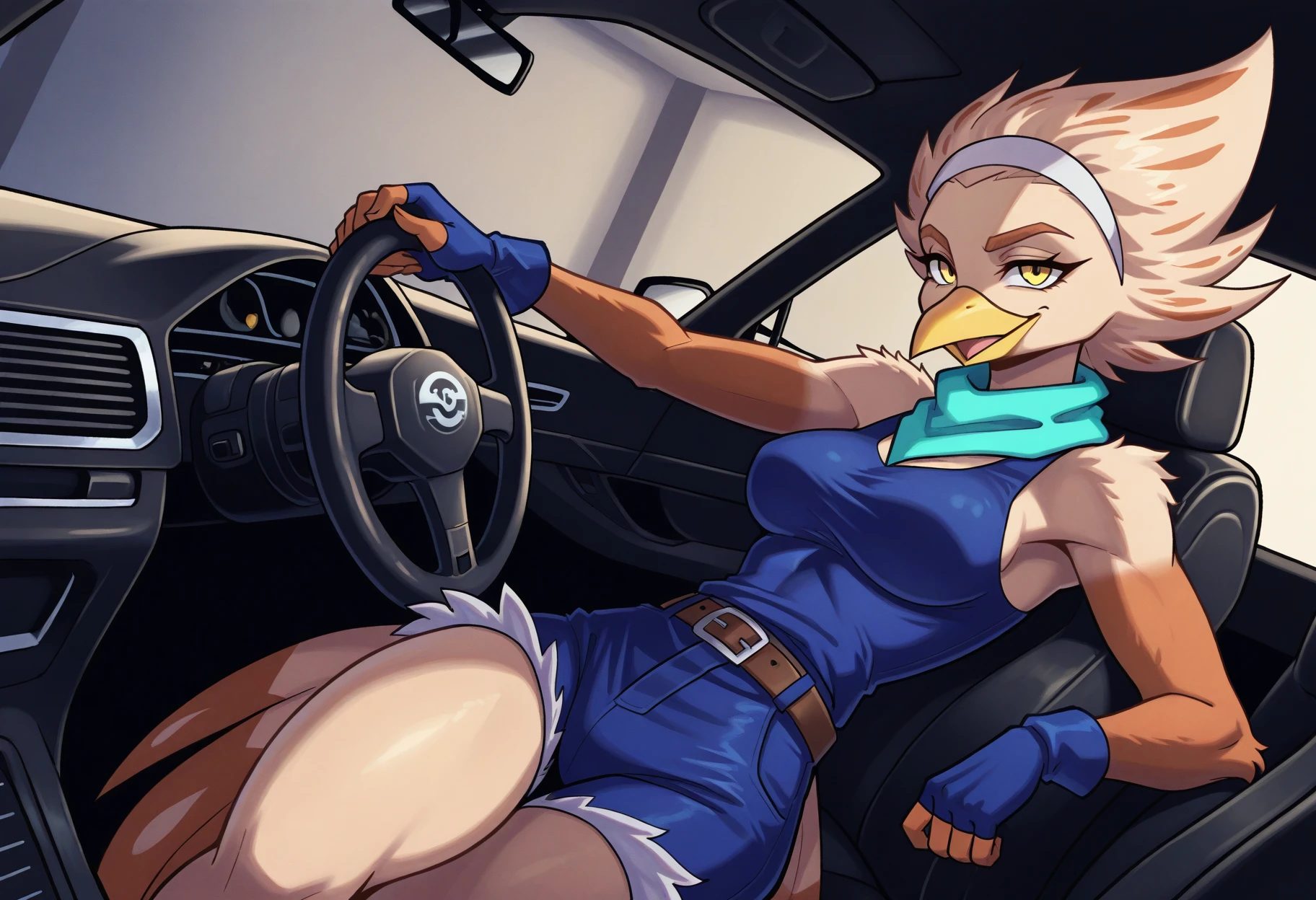 (beautiful, masterpiece, detailed), 1girl, solo, k41k0, sexy female anthro bird, furry bird, avian, medium breasts, beige feathers, fluffy feathers, detailed feathers, beige hair, spiky hair, beak, yellow beak, yellow eyes, bird tail, teal scarf, white hairband, blue gloves, fingerless gloves, blue tank top, blue shorts, belt, inside car, driving car, holding steering wheel, front view, dutch angle, evil smile