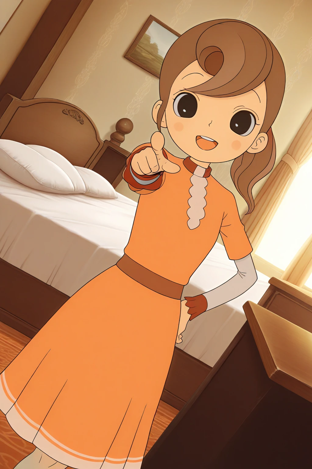 masterpiece, best quality, amazing quality, absurdres, solo, florareinhold, smile, open mouth, pointing at viewer, hand on own hip, dutch angle, looking at viewer, brown hair, black eyes, orange dress, indoors, desk, bed, room