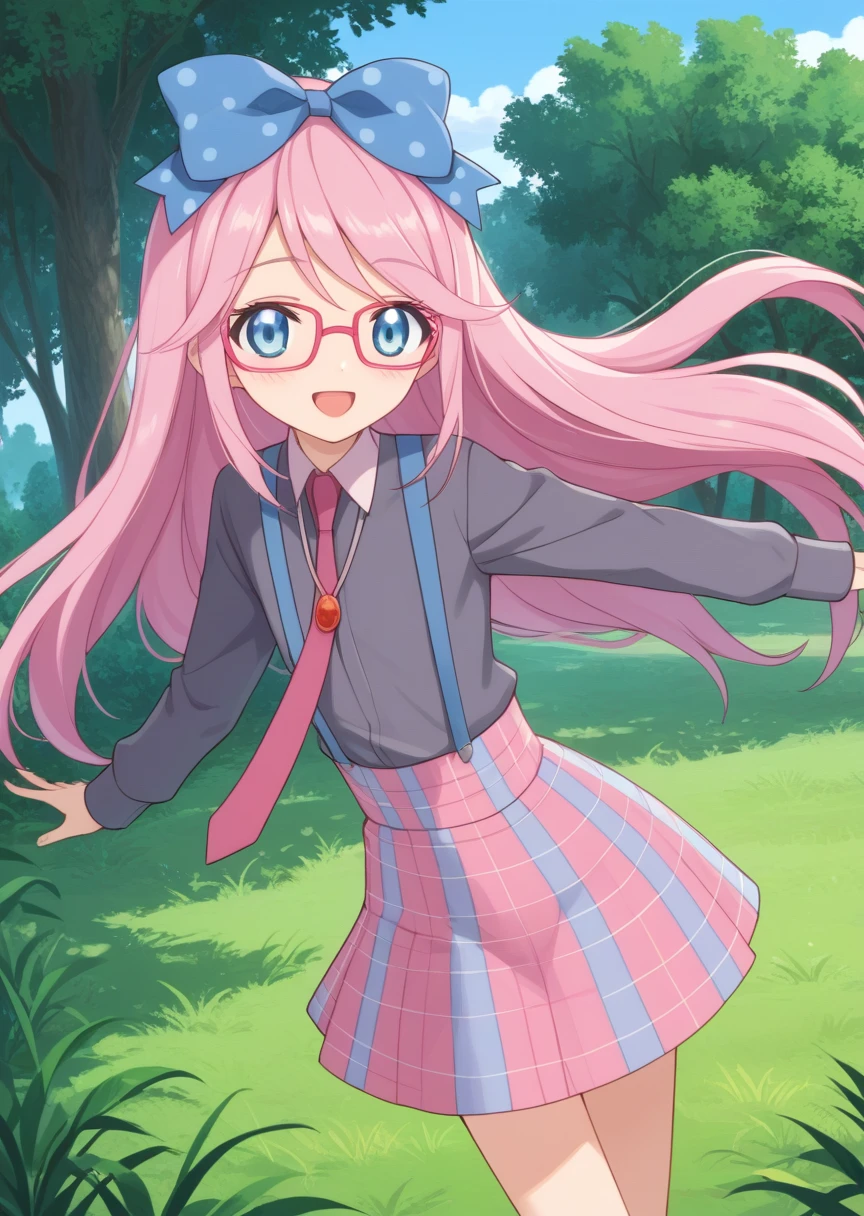 score_9, score_8_up, score_7_up, score_6_up, score_5_up, BREAK
humanluna, 1girl, solo, skirt, red-framed eyewear, long hair, blue eyes, pink hair, long sleeves, polka dot bow, grey shirt, necktie, suspenders, smile, open mouth, grass, trees, sky, 