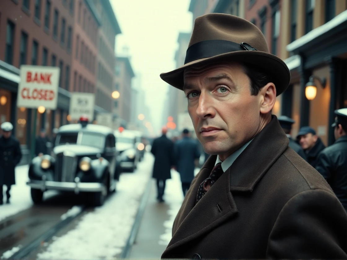 <lora:James_Stewart:1> man, 1940s hat and suit, standing on the wet snowy street, looking at a big crowd across the street at the bank, the door to the bank is locked, old 1940s clothes, 1940s police car, there is a large sign that says "Bank Closed"., extreme close-up, zoomed, focus on face, centered, macro shot, face centered, focus on eyes, looking directly at the viewer, looking directly at the camera, making eye contact, looking straight ahead