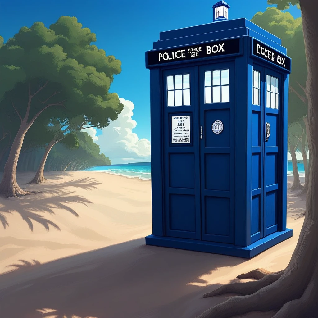 Tardis, sky, blue sky, beach, door, tree, train